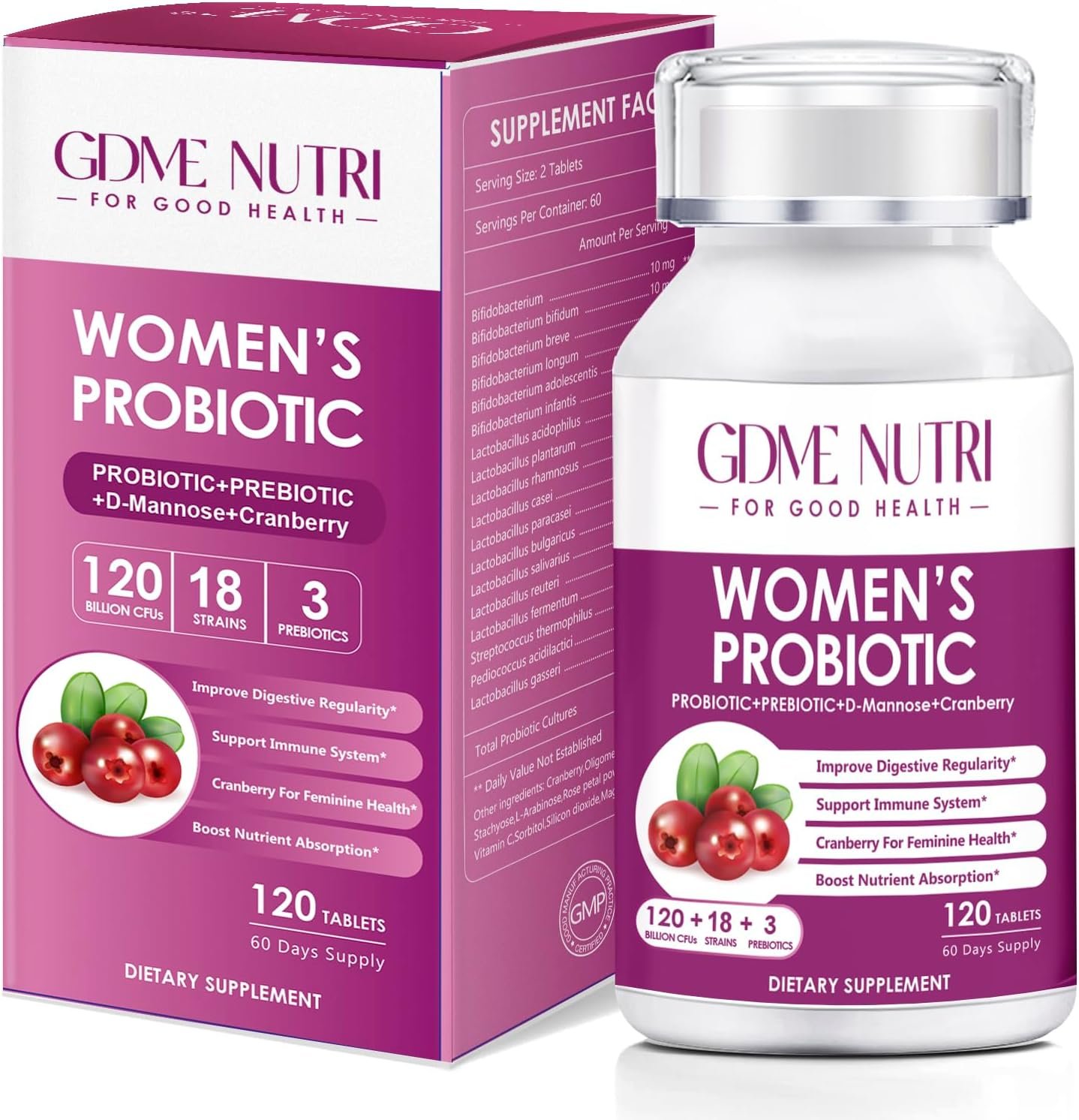 Women’s Probiotics, 120 Tablets 120 Billion CFU 18 Strains, Contains Organic Prebiotic Cranberry, Probiotic Supplement for Digestion, Immunity, Women’s Health, Soy Gluten Dairy Free