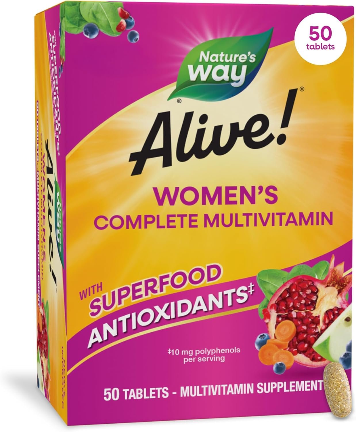 Nature’s Way Alive! Complete Multivitamin for Women, Daily Vitamin, 50 ct | Women’s Vitamin Tablets Supports Cellular Energy Metabolism, Hair, Skin & Nails*, B-Vitamins, with Superfood Antioxidants