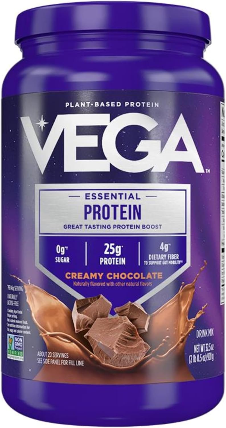 Vega Essential Protein – 25g Vegan Protein Powder, Rich Chocolate for a High Protein, Zero Sugar Shake – Large Tub, 32.5oz (20 Servings)