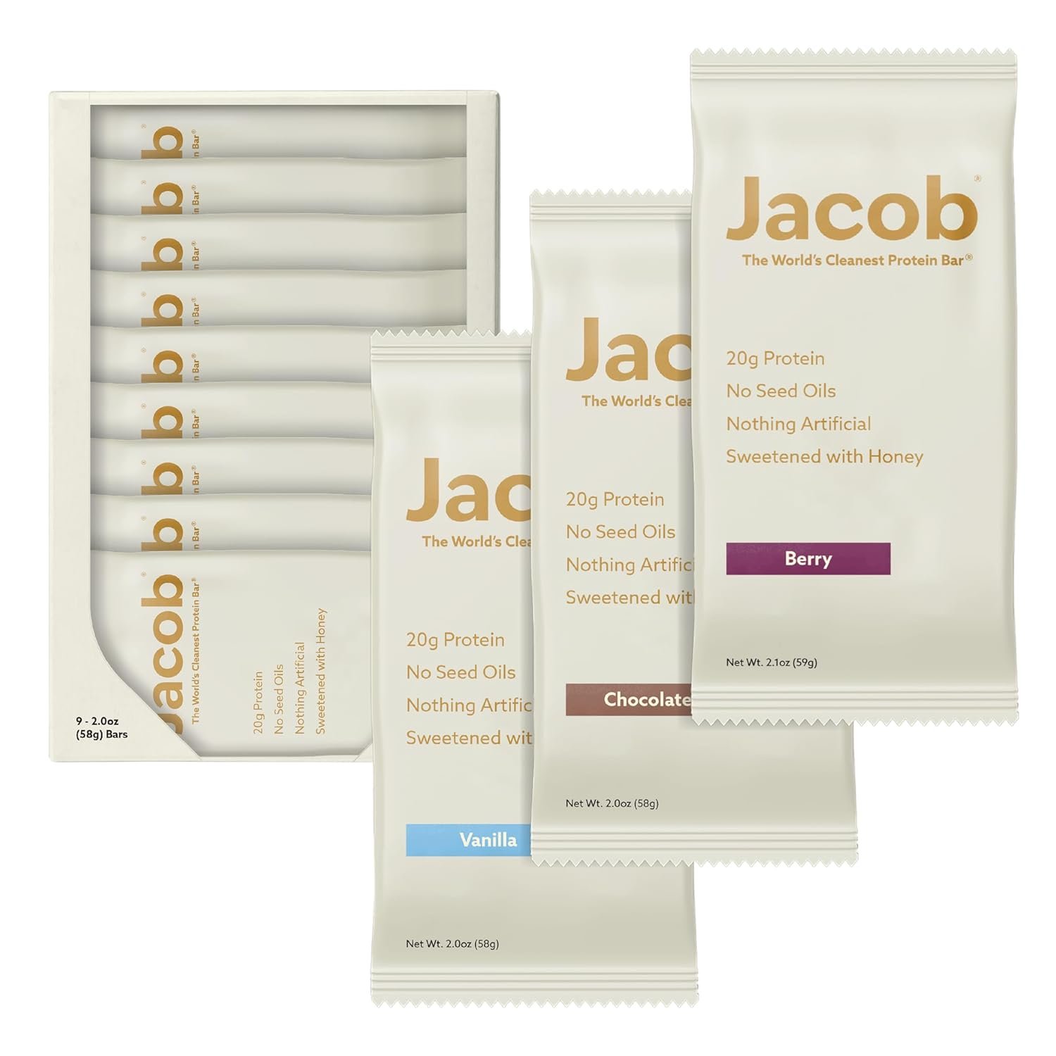 Jacob Bar, Protein Bars, Variety Pack (9 Bars Total) Contains 3 of Each; Chocolate, Vanilla, Berry – 20g Grass-Fed Protein, No Seed Oils, Nothing Artificial