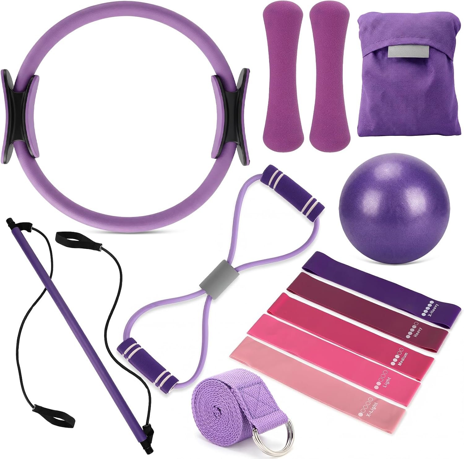 Soulchen 13 Pcs Pilates Equipment Kit for Home Workout Pilates Ring and Ball Set for Women 1.1lb *2 Ergonomic Bone Shaped Dumbbells with Resistance Bands, Yoga Strap, Bag