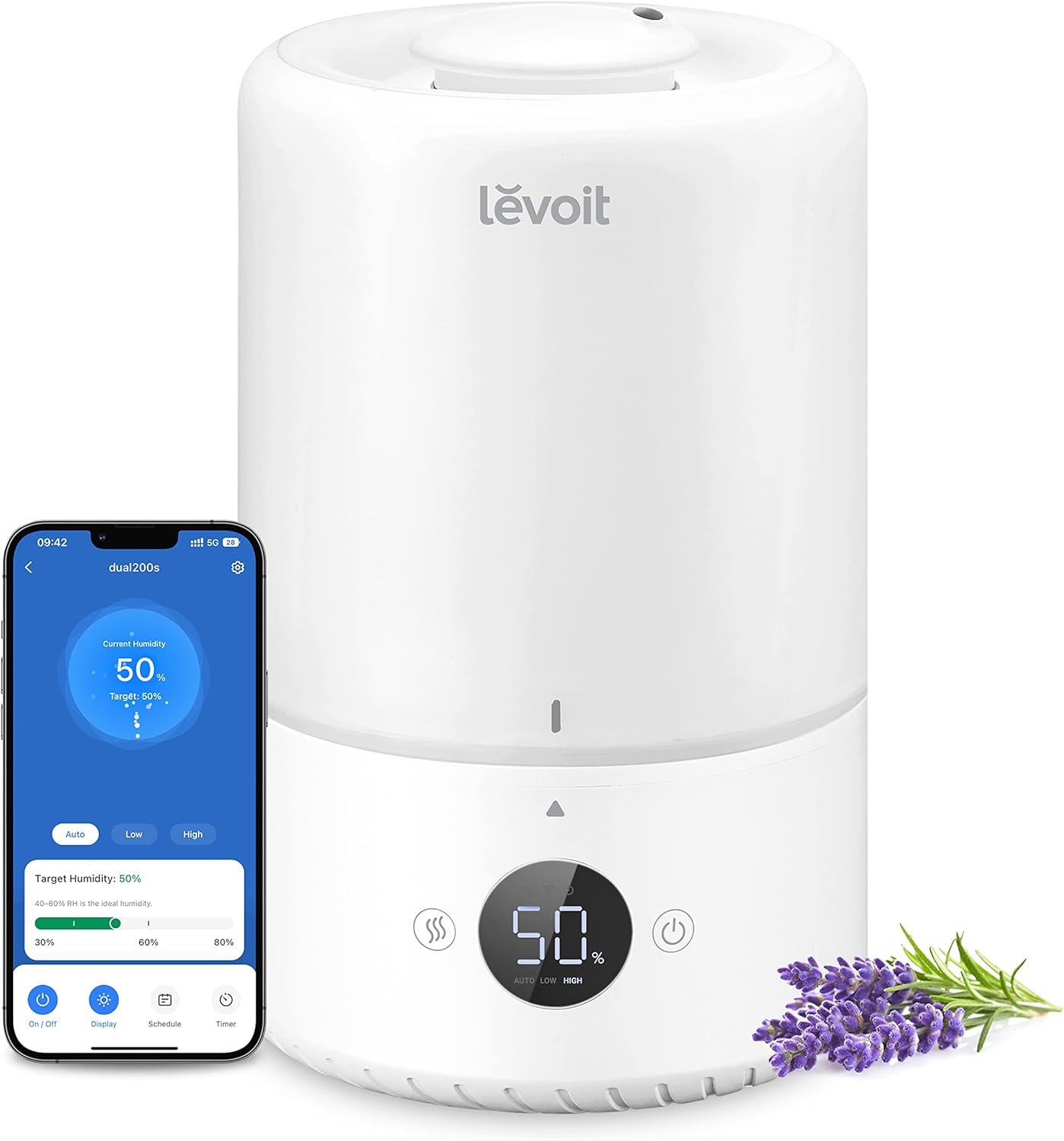 Levoit Smart Cool Mist Top Fill Humidifiers for Bedroom with Sensor, 3L | Auto Humidity Setting, APP & Voice Control, Essential Oil Diffuser, Ultra Quiet Operation, Super Easy Top Fill, 25H, White