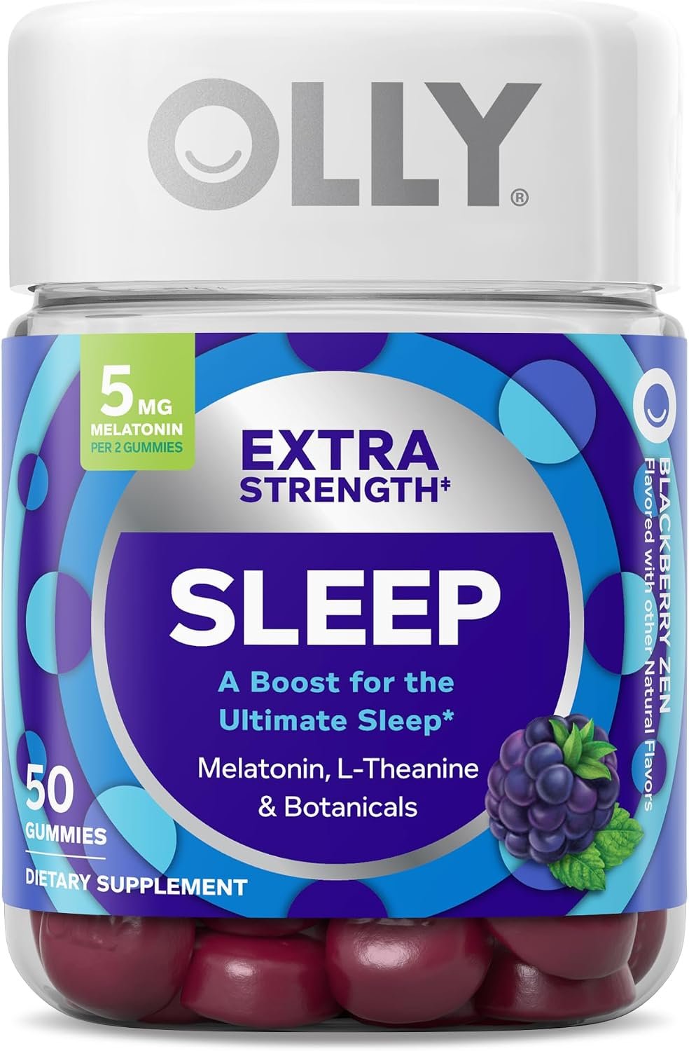 OLLY Extra Strength Sleep Gummies for Adults, 5 mg Melatonin Sleep Support Supplement* L-Theanine & Botanical Extracts, Restful Sleep Support*, BlackBerry Zen Flavor, Gluten Free, 50 Count