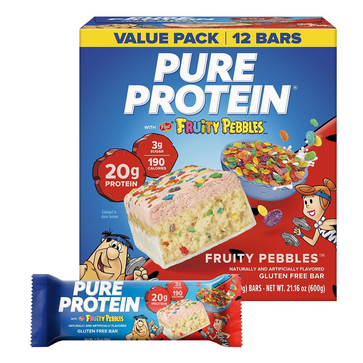 Pure Protein Fruity PEBBLES™ Protein Bars, 20g Protein, Gluten Free, 12 Ct | 3g Sugar, 190 Calories, Low Sugar* High Protein Snack