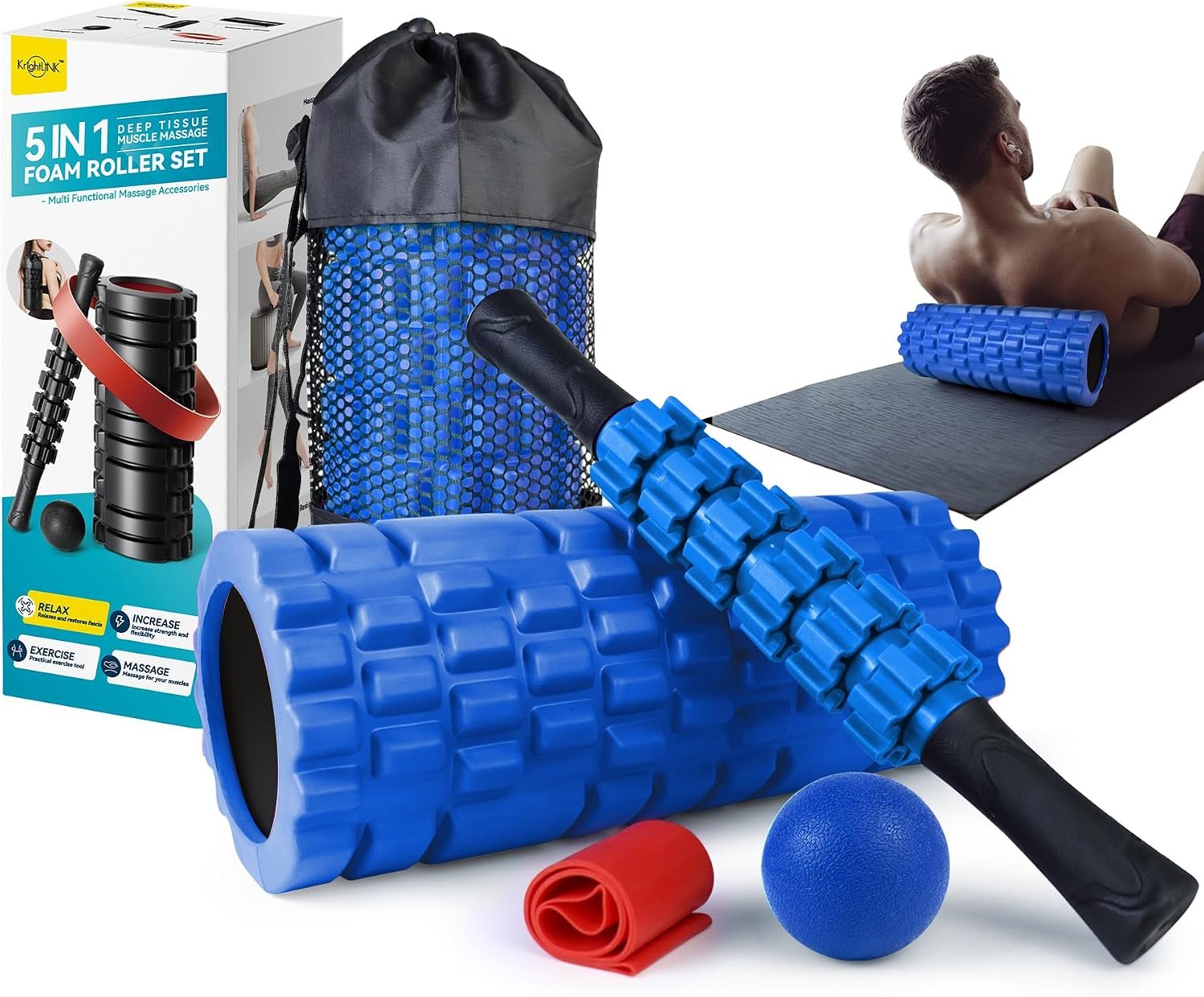 Krightlink 5 in1 Foam Roller Set High Density Foam Roller Muscle Recovery | Deep Tissue Muscle Massage Foam Roller for Exercise, Massage Roller, Massage Ball, Stretching Strap, for Whole Body Blue
