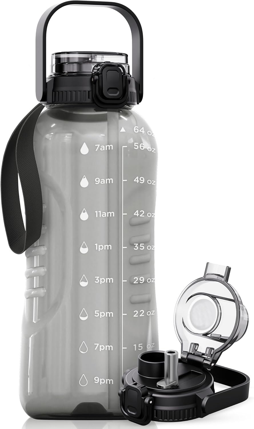 AQUAFIT 64 oz Water Bottle with Handle, 2in1 Lid | BPA Free Half Gallon Water Bottle with 2in1 Straw and Chug Lid – Leakproof Gym Water Bottle with Time Marker (Gray)