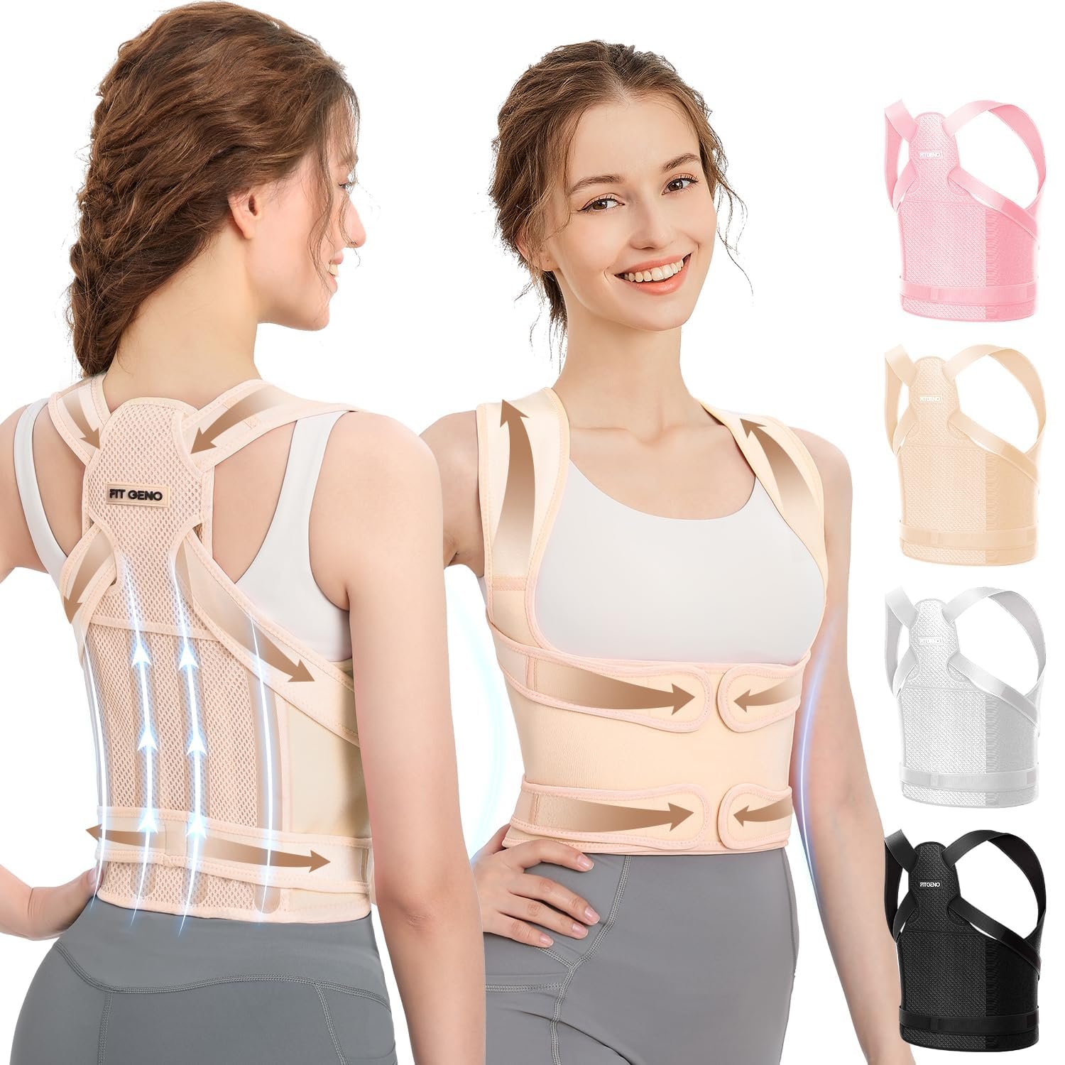 Fit Geno Posture Corrector for Women & Men, Adjustable Upper Back Brace | 4 Fiberglass Stays with Breathable Mesh Gently Pull Your Shoulders Back to Correct Rounded Posture and Ease Upper Back Strain