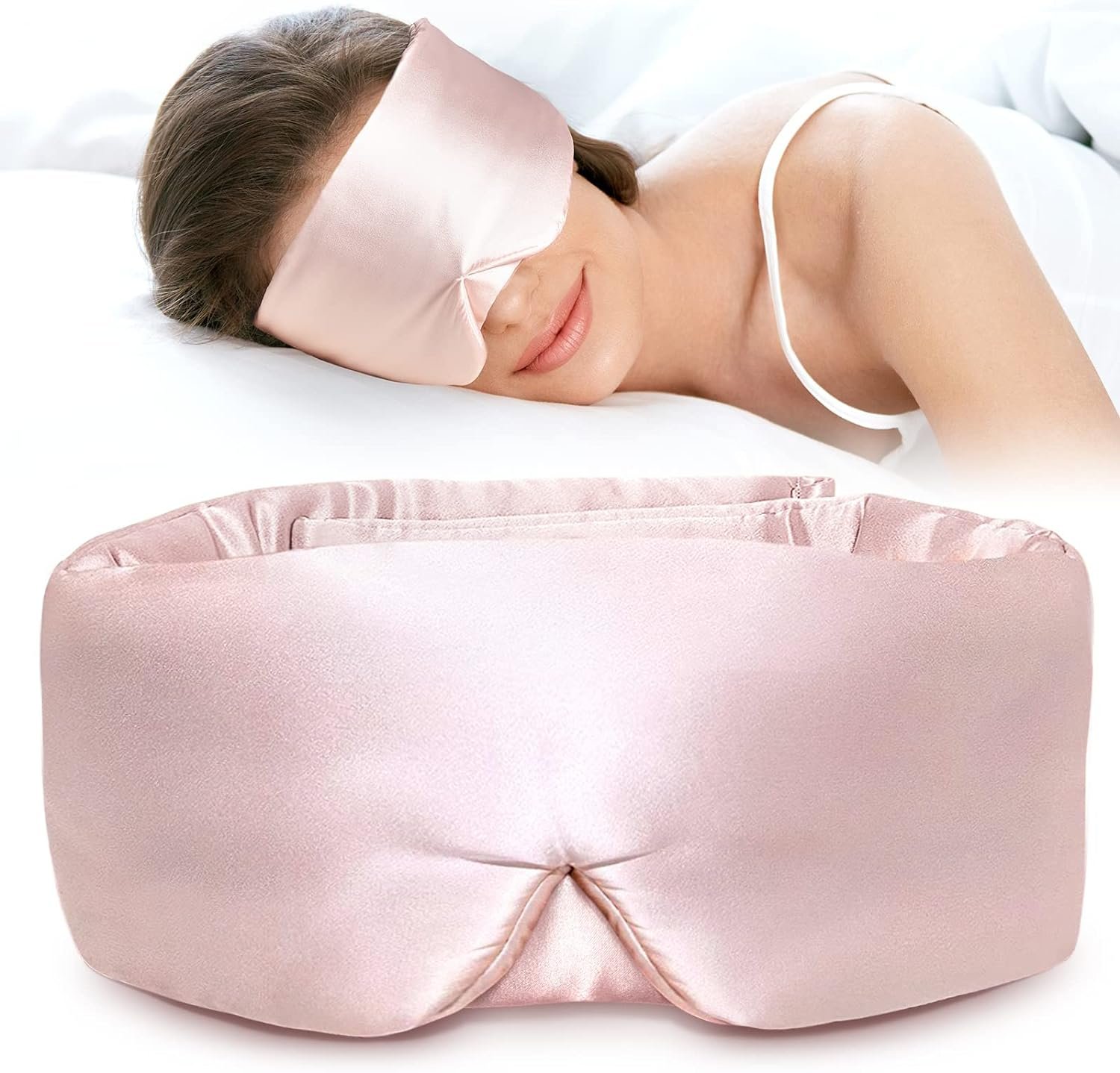 LitBear Silk Sleep Mask for Side Sleeper, Eye Mask Sleeping for Women Men | 100% 22 Momme Pure Mulberry Silk, Face-Hugging Padded Eye Cover for Sleeping with Adjustable Band, Pink