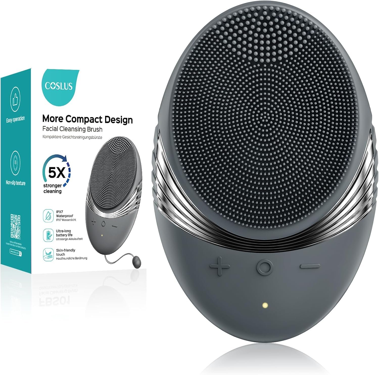 COSLUS FBS01 Facial Cleansing Brush Face Scrubber, Compact for Travel | Rechargeable, Gentle Silicone, 5 Cleansing Modes, Deep Cleaning for Men & Women, Removing Blackhead Exfoliating, Grey