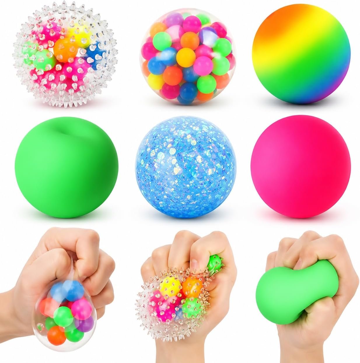 6 Set Squishy Sensory Stress Squeezing Balls for Adults | Sensory Calming Tool to Relieve Nervousness, Vent Mood and Improve Focus, Pull Stretch Fidget for Classroom Prize Box Toys