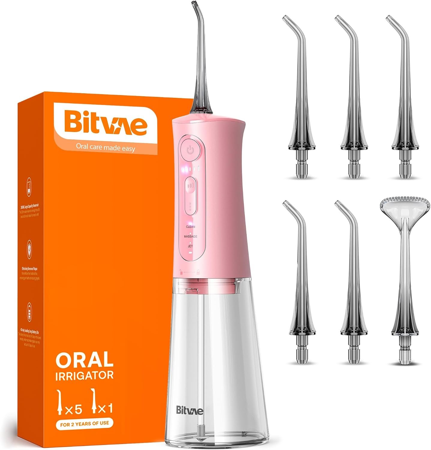 Bitvae Water Dental Flosser Teeth Picks, Cordless Portable Oral Irrigator, Powerful and Rechargeable Oral Irrigator, Brace Care, IPX7 Waterproof Water Dental Picks for Cleaning, Quartz Pink | Powerful and Rechargeable Oral Irrigator, Brace Care, IPX7 Waterproof Water Dental Picks for Cleaning, Quartz Pink
