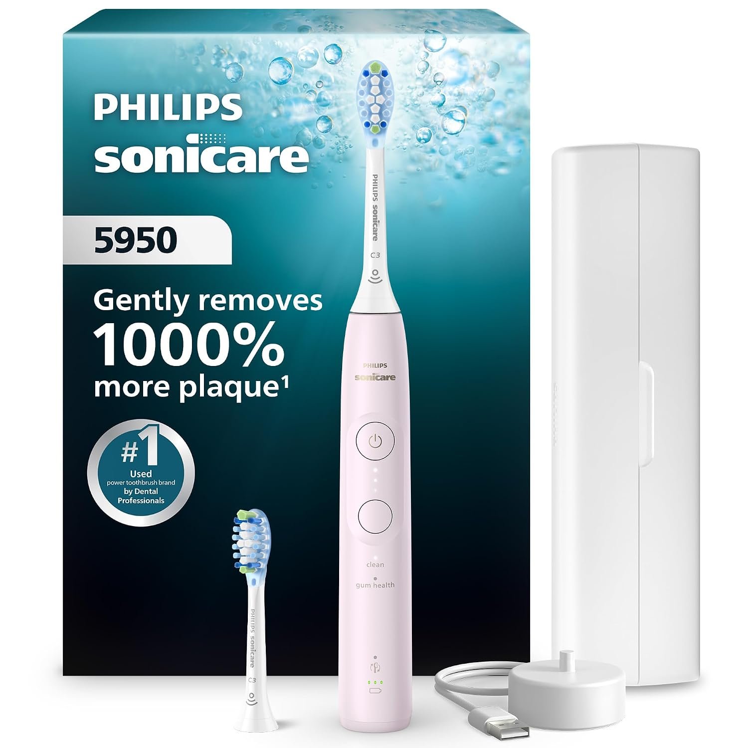 Philips Sonicare 5950 Series Electric Toothbrush, with Pressure Sensor, for Sensitive Gums, 6 Brushing Settings, SmarTimer, BrushPacer, 21-Day Runtime, Travel Case, Light Pink, HX7132/03