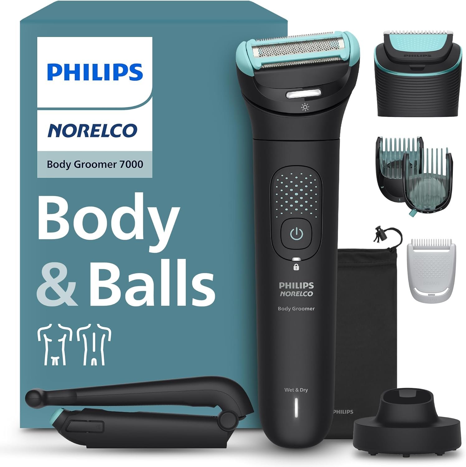 Philips Norelco Body Groomer 7000 Series, Men’s Whole Body Groomer, Contour-Following 2D Flexing Head, Triple Protect Shave System & Intimate Body Hair Trimmer, 100% Showerproof, BG7480/50