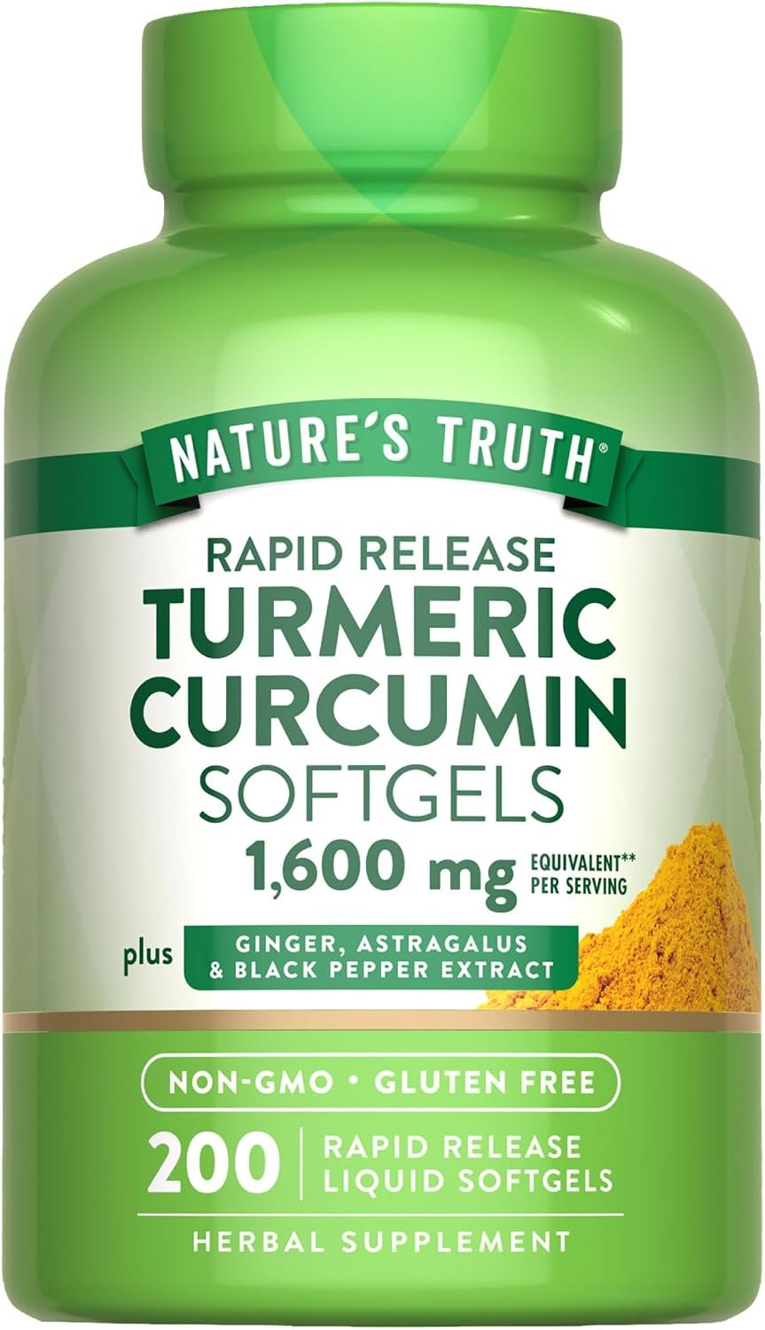 Nature’s Truth Turmeric Curcumin Complex Supplement | with Black Pepper Extract, Ginger & Astragalus | 200 Rapid Release Softgels | Non-GMO and Gluten Free