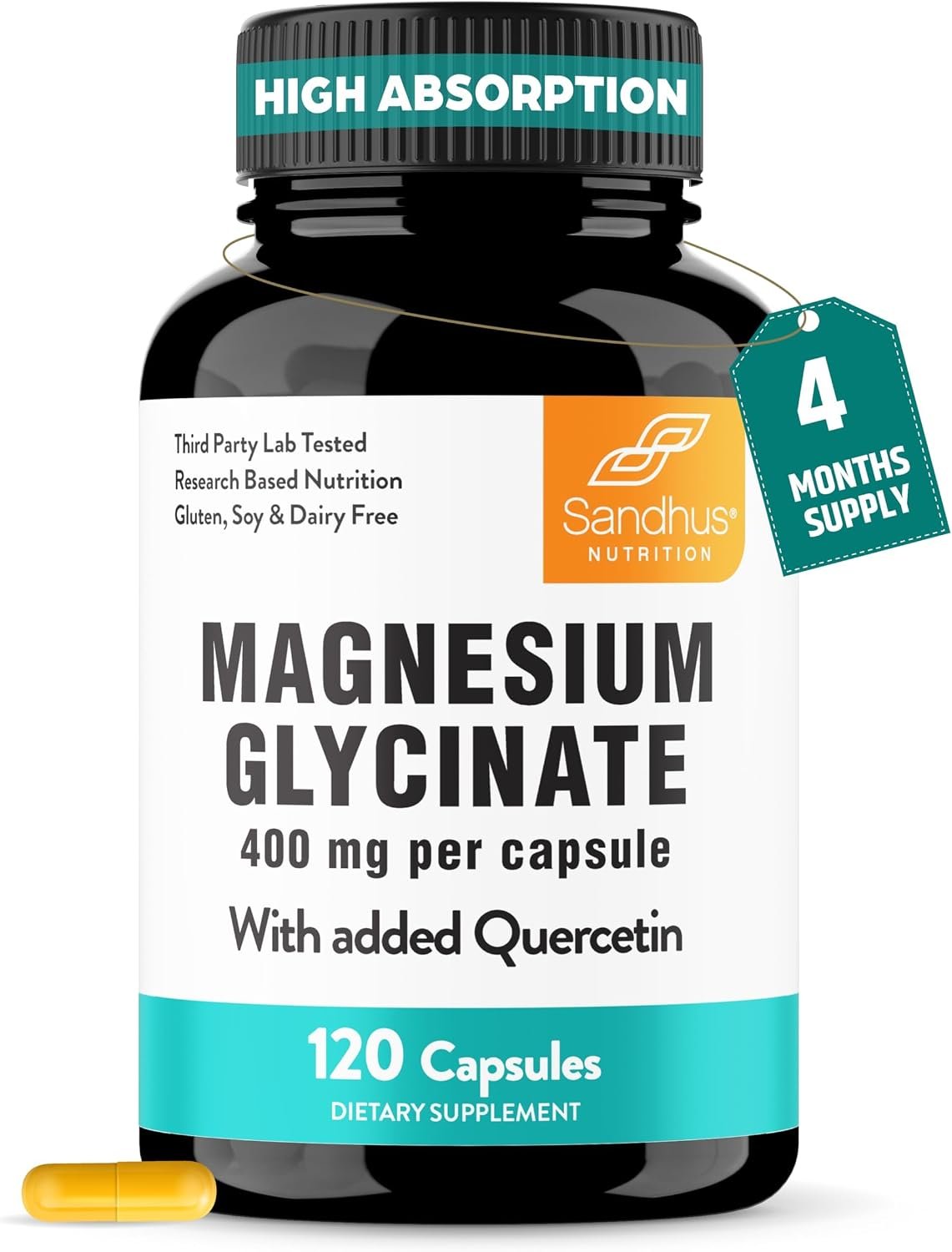 Magnesium Glycinate 400mg High Absorption Capsules with Quercetin | Quality Sleep, Relaxation & Muscle Health Supplement for Women and Men | Chelated Magnesium 120 Count (Pack of 1) | Easy to Swallow