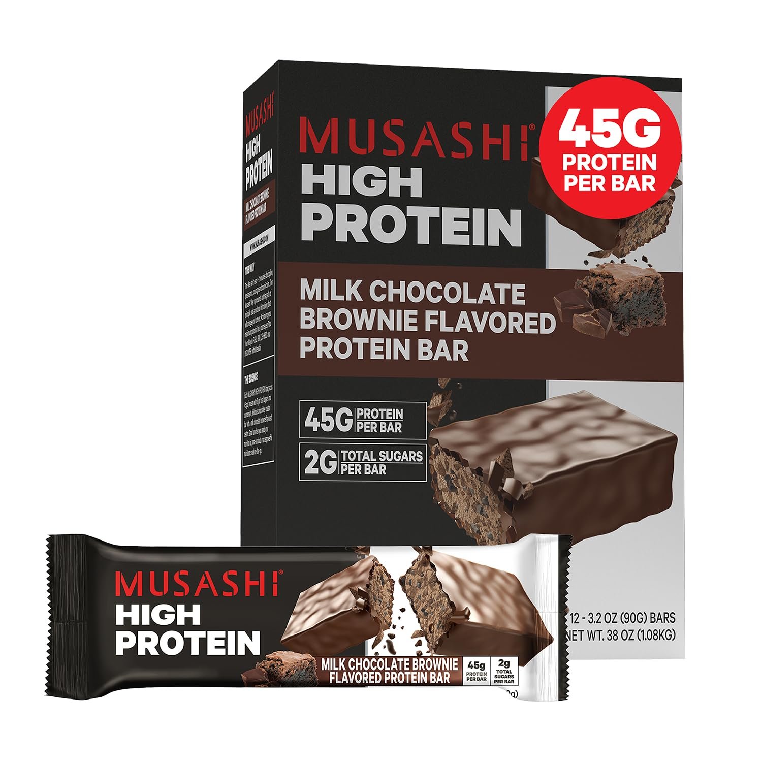 MUSASHI High Protein Bar, 45g Protein, Milk Chocolate Brownie | 2g Total Sugars, Post Workout and Protein Snack On The Go, 3.2oz (90g) Bars, Low Sugar High Protein Snack, 12 pack