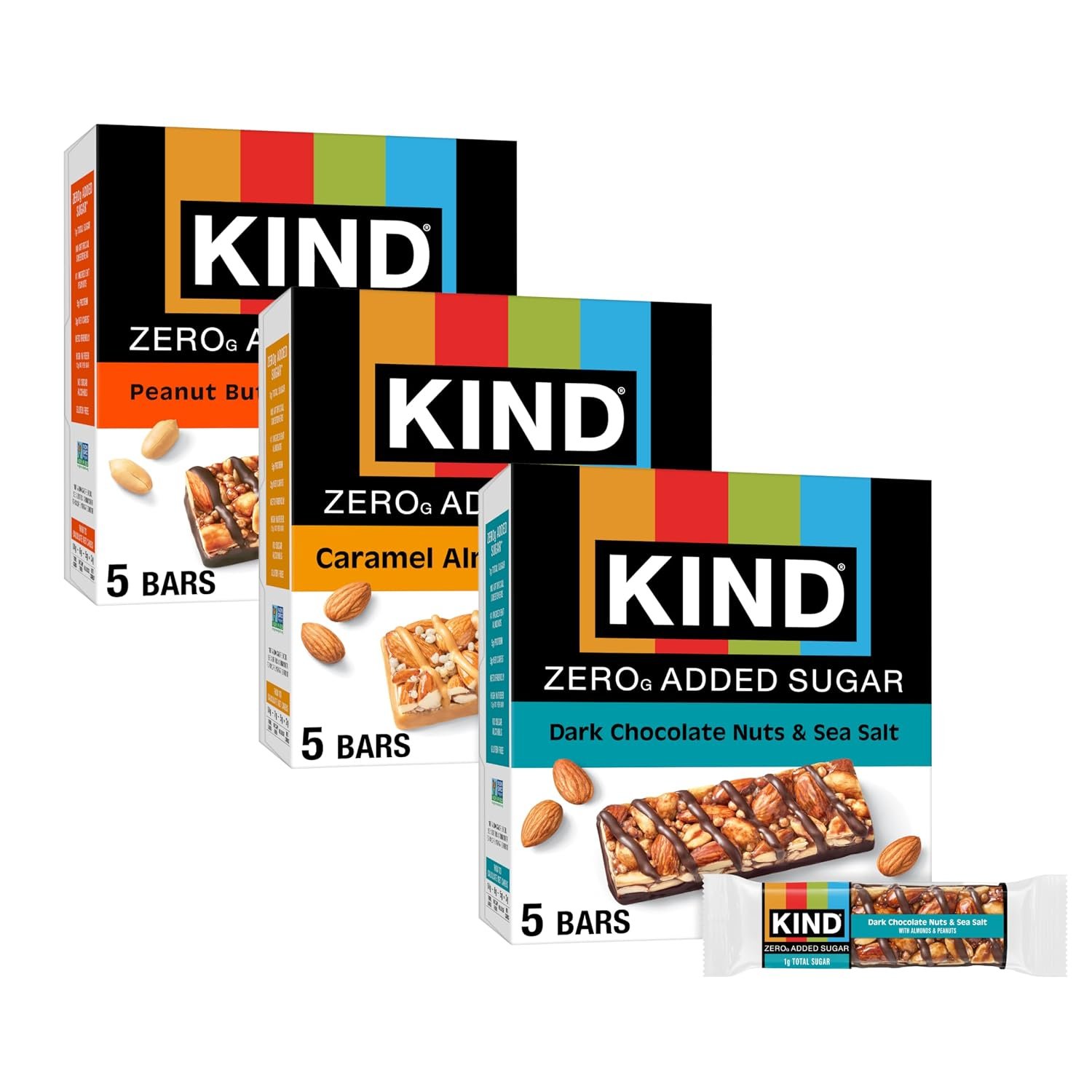 Kind Zero Added Sugar Healthy Snacks Bars Variety Pack, Gluten Free, High Fiber, Keto Snacks, Dark Chocolate Nuts & Sea Salt, Caramel Almond, Peanut Butter Dark Chocolate, 5g Protein, 15 Count
