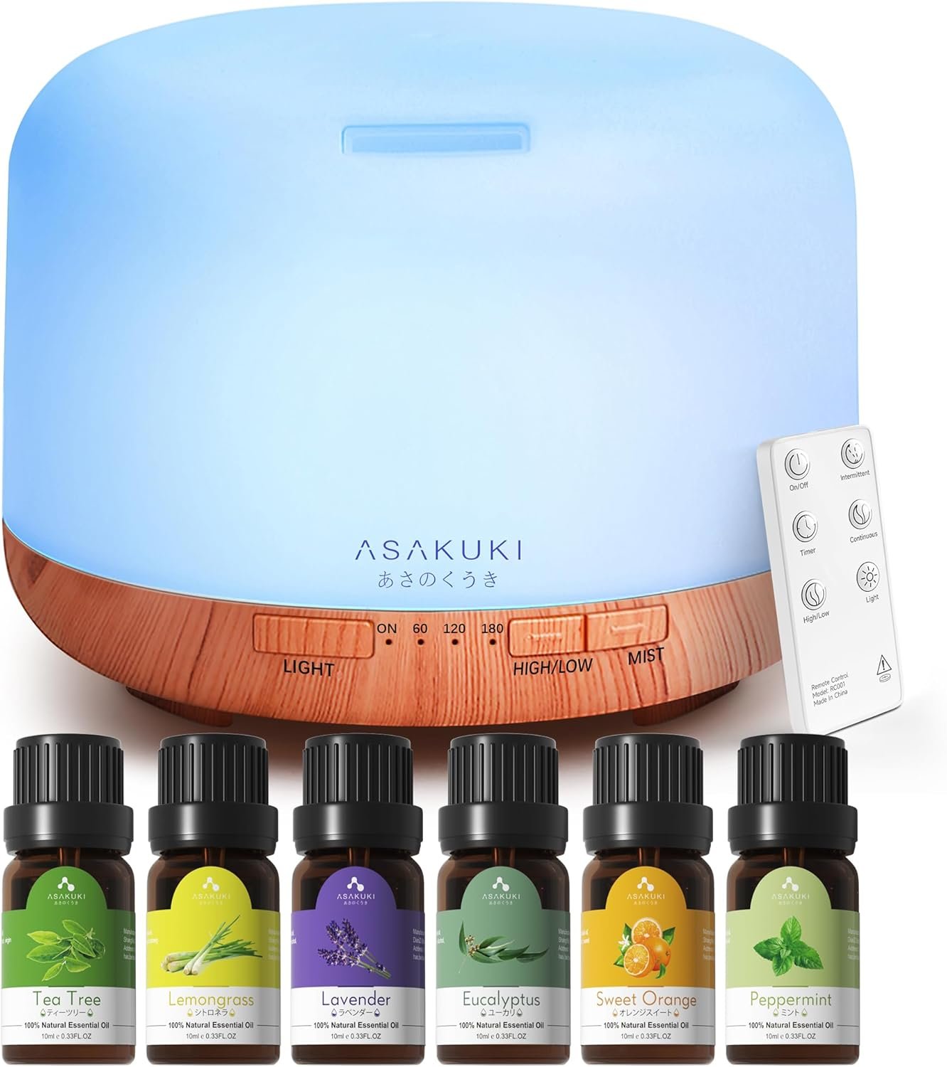 ASAKUKI Oil Diffuser with Essential Oils Set, 500ml Aromatherapy Humidifier | with 14 LED Colors & Auto Shut-Off – 6 Oil Gift Pack(Lavender Eucalyptus Tea Tree Orange Peppermint Lemongrass)