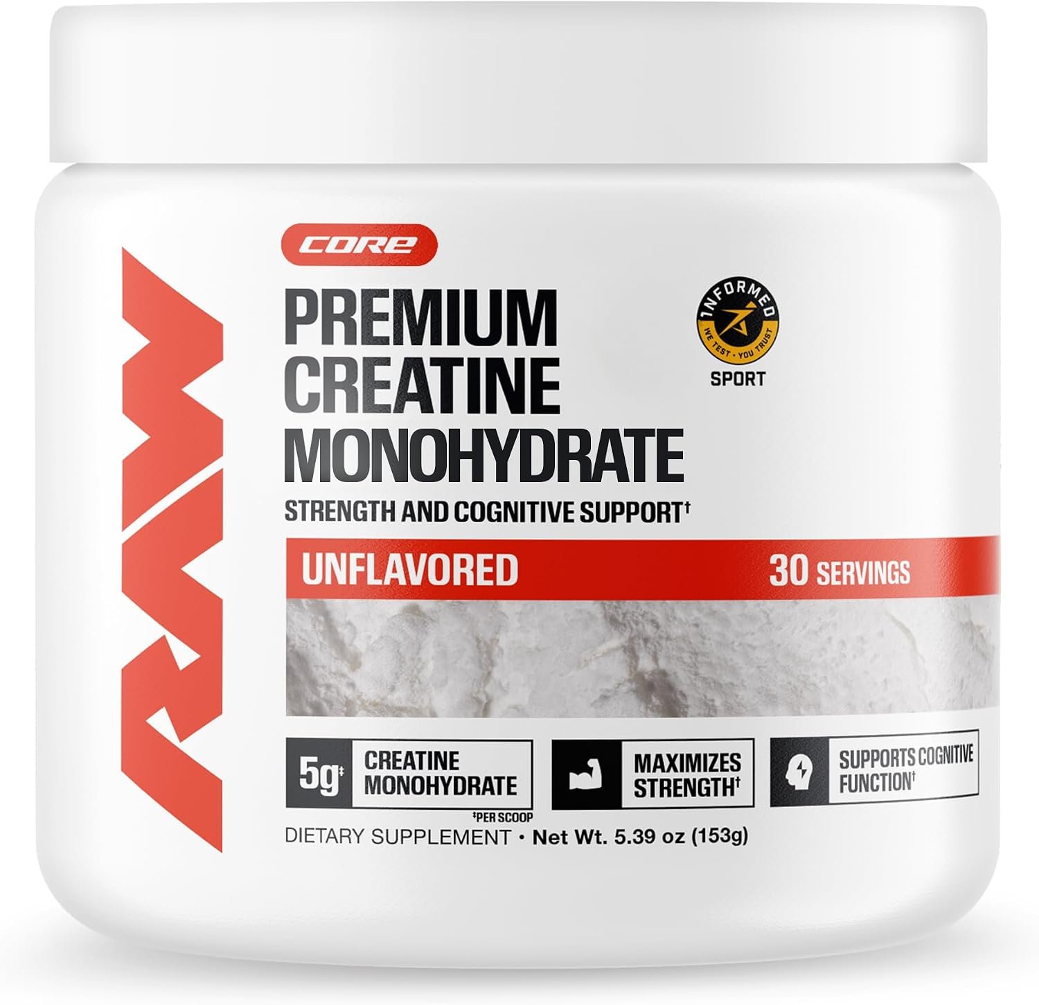 RAW Nutrition Creatine Monohydrate Powder, Unflavored (30 Servings) – Micronized Creatine Monohydrate Supplement for Workout Performance, Build Muscle & Strength – Creatine Powder for Men & Women