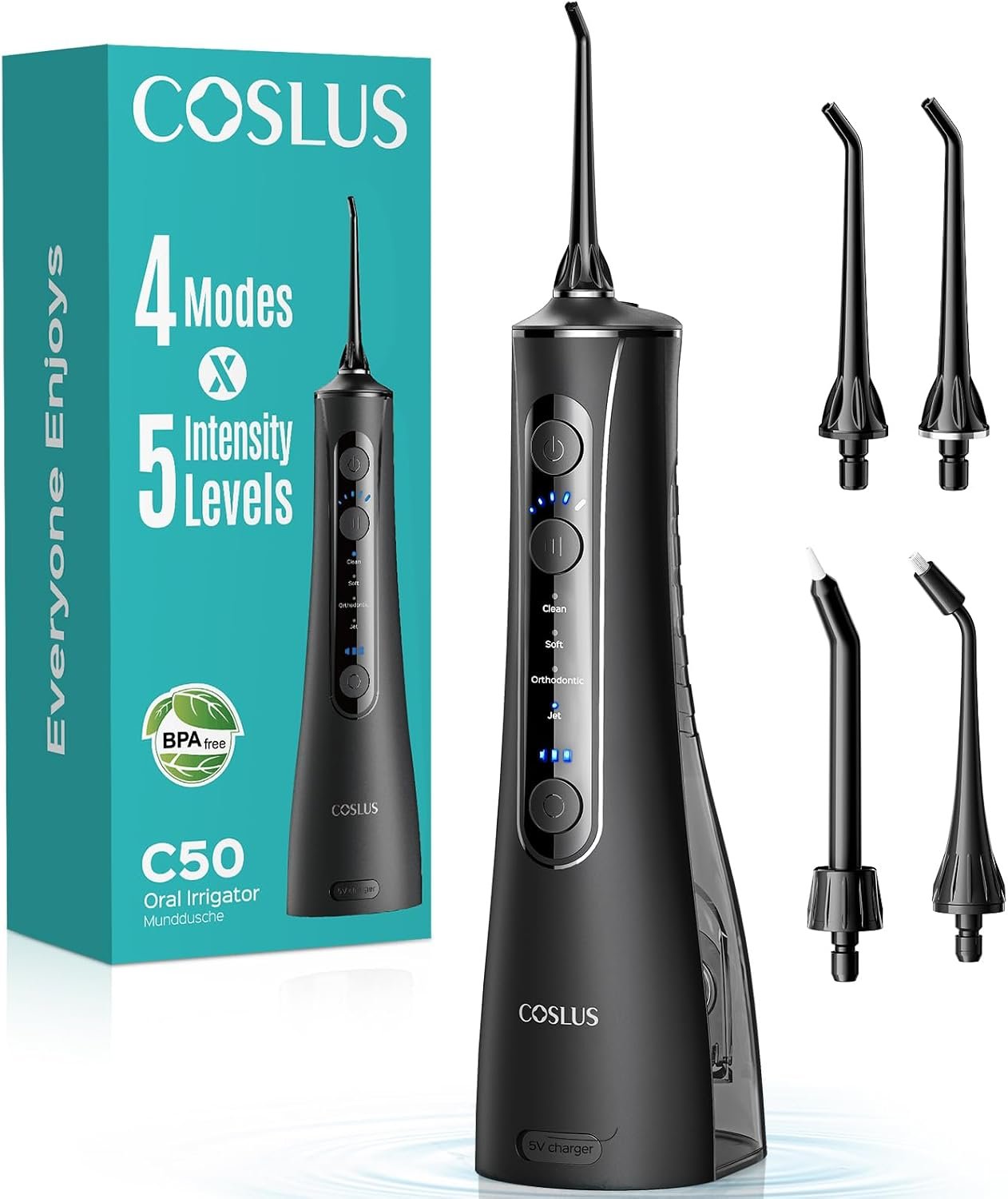 COSLUS ADA Accepted C50 Water Dental Flosser, 4 Modes 5 Intensity Levels | Professional Water Teeth Pick for Braces, Orthodontics & Sensitive Gums, Compact Cordless for Family Home Travel, Black
