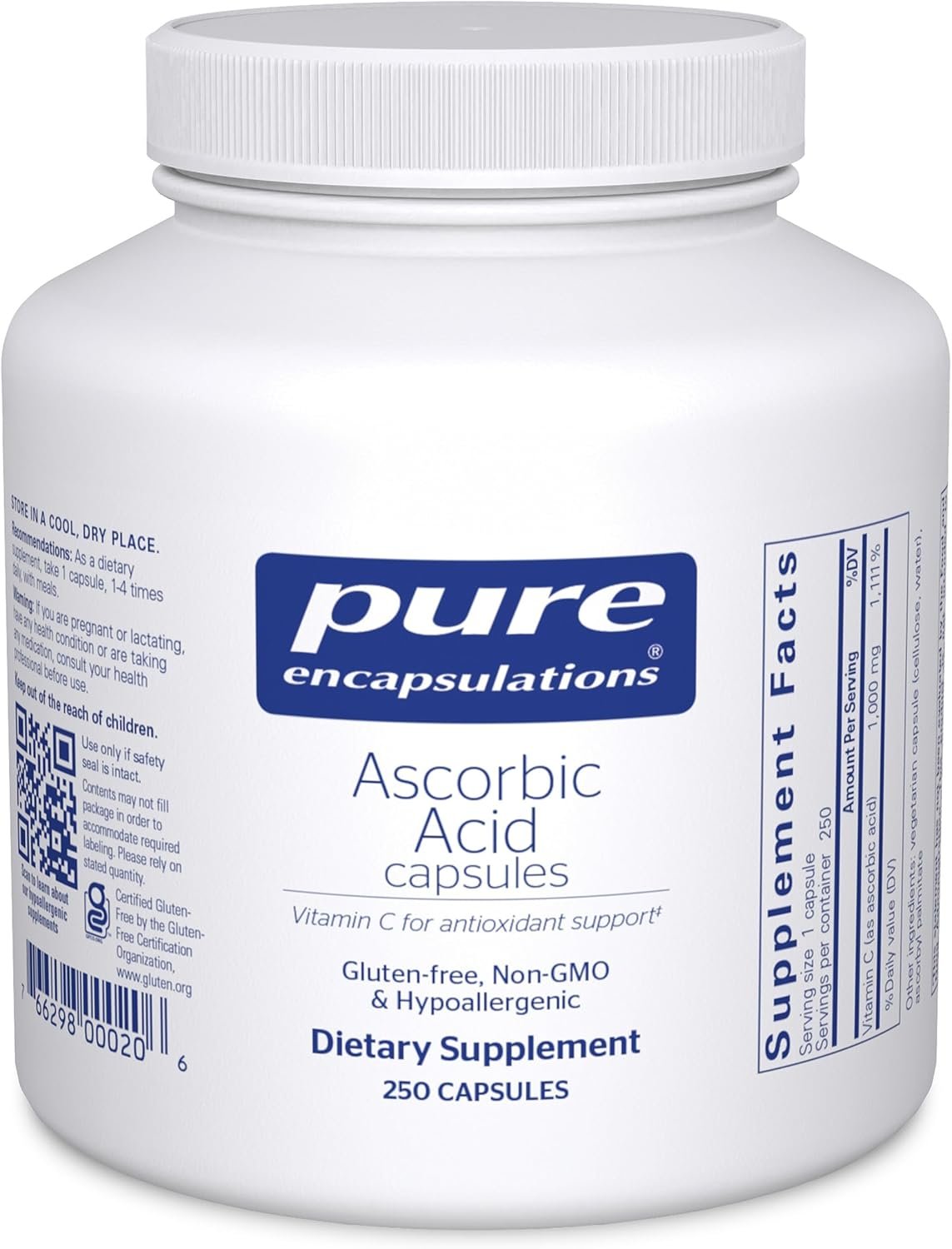 Pure Encapsulations Ascorbic Acid Capsules – 1,000 mg Vitamin C – Antioxidant & Immune Support* – High-Potency Vitamin C – Vegan & Non-GMO – 250 Capsules