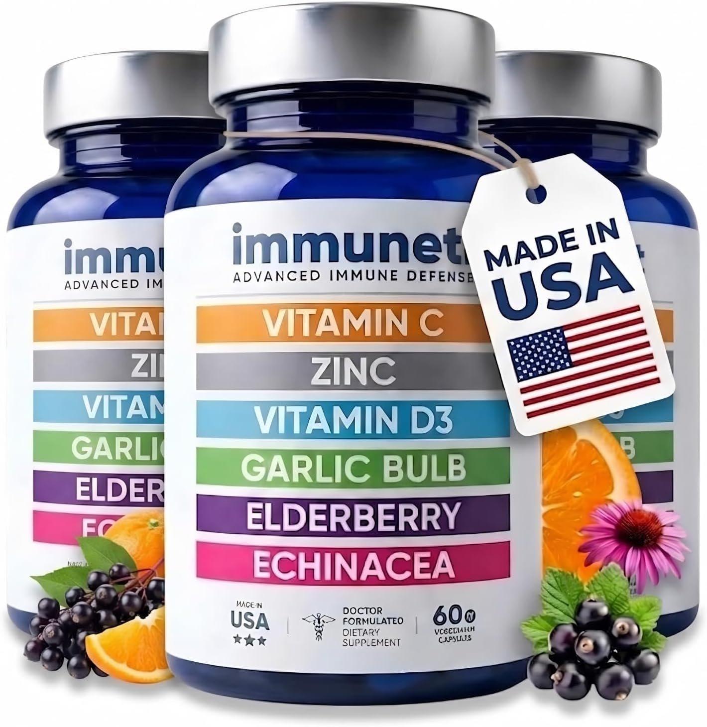 Immuneti Advanced Immune Support – Doctor Formulated 6-in-1 Daily Immunity Supplement – Made in USA – with Vitamin C, D3, Zinc, Elderberry, Garlic & Echinacea – Vital Nutrients & Antioxidants (3)