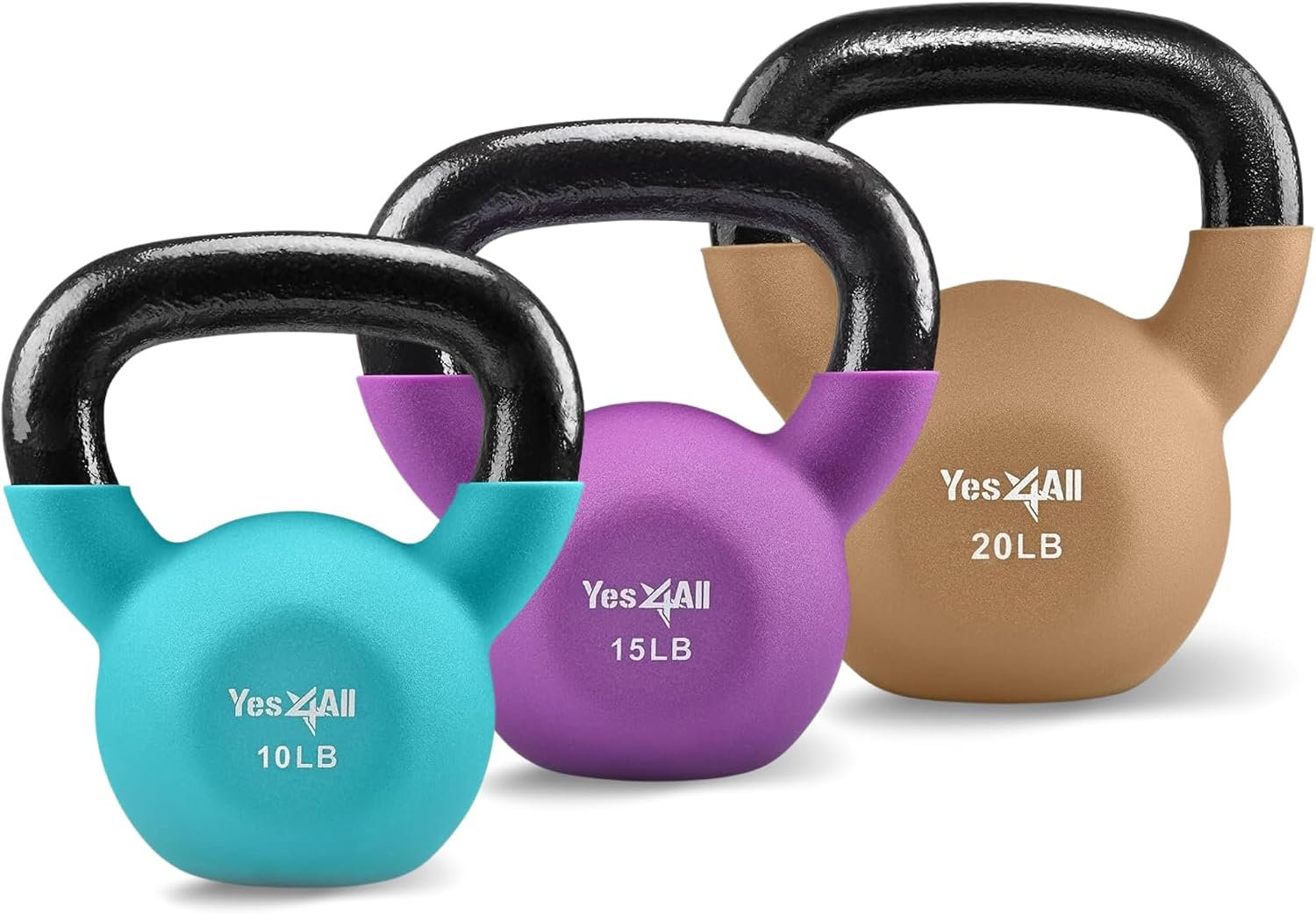 Yes4All Kettlebell, 5-65 LB Neoprene Coated Cast Iron Kettlebells, Wide Grip Handle & Flat Bottom for Swings, Squats, Deadlifts, Push Ups & Full Body Training at Home Gym – Single & Set