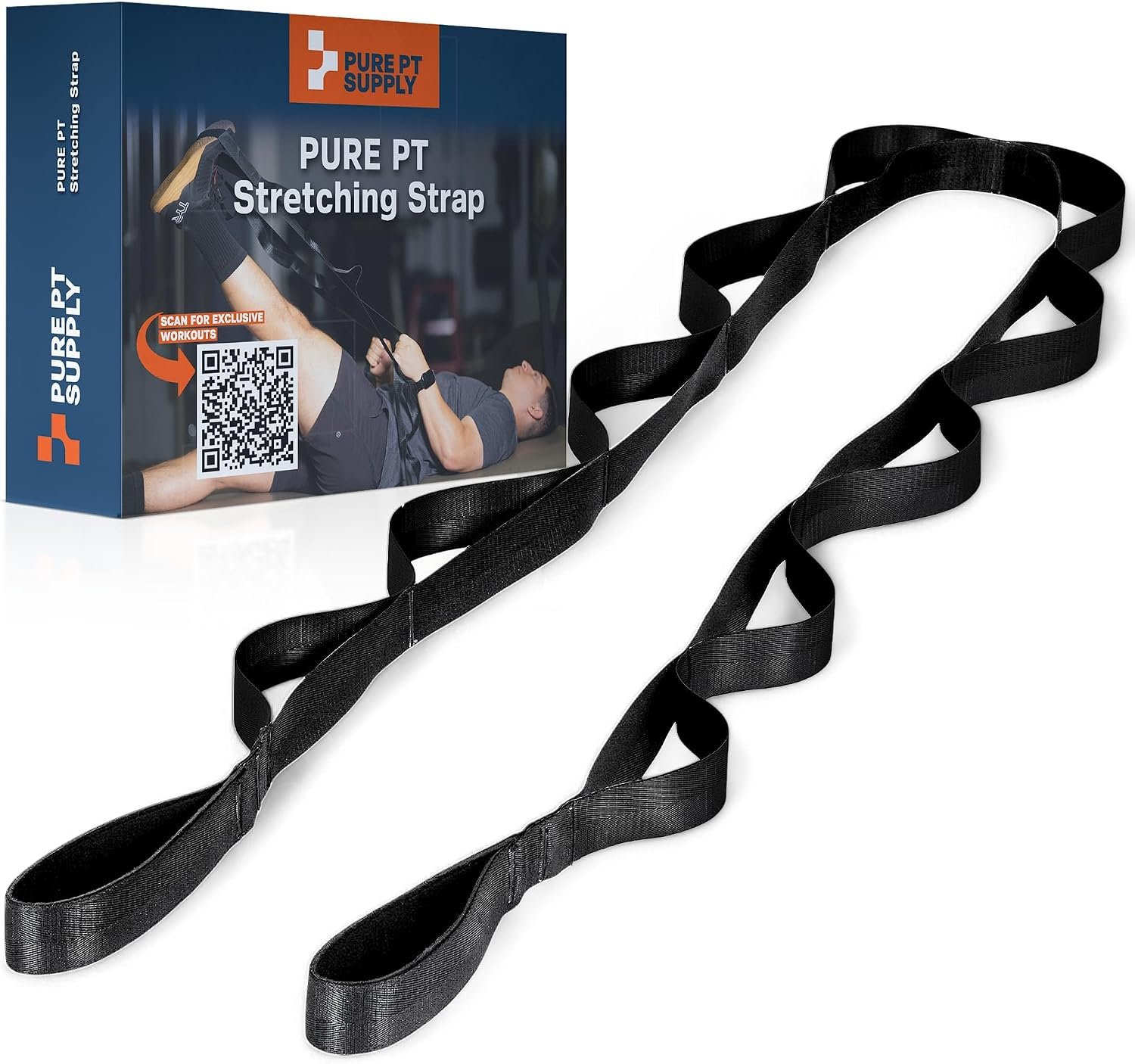 Pure PT Stretching Strap, 10 Loops, Non-Elastic Stretch Strap, Yoga Strap | Flexibility Training, Non-Elastic, Leg & Hamstring Stretcher, Rehab, Pilates, Home & Gym Use, Workout Guide Included
