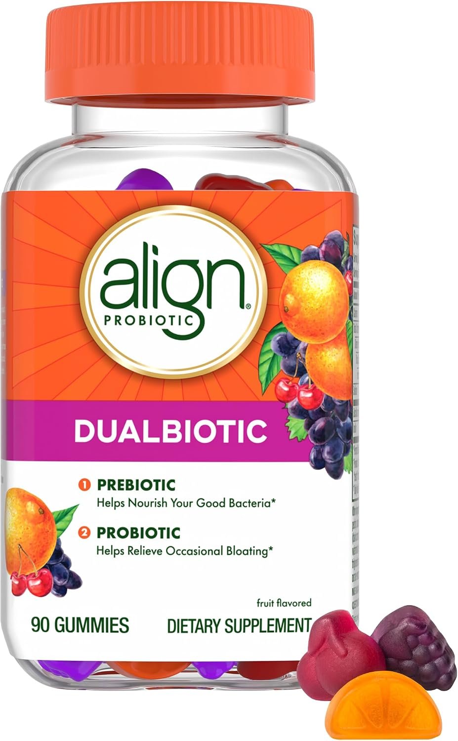 Align Dualbiotic, Prebiotics and Probiotics for Women and Men, Probiotics for Digestive Health, Prebiotics Help Nourish Good Bacteria, Natural Fruit Flavors, 90 Probiotic Gummies (Packaging May Vary)