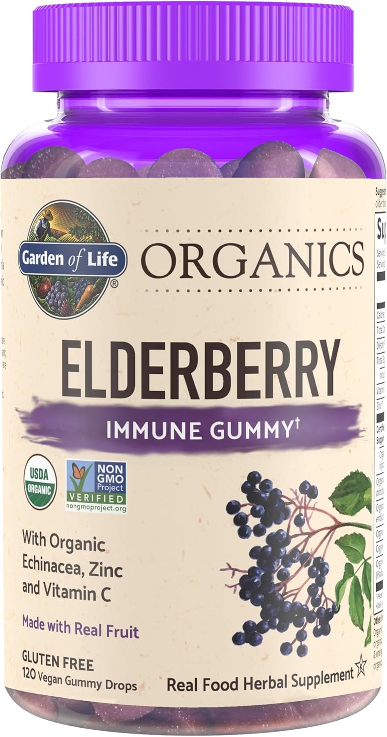 Garden of Life Organics Elderberry Gummies for Adults & Kids – Immune Support Supplement with Organic Fruit, Herbal Blend, Elderberry, Echinacea, Zinc, Vitamin C, 120 Vegan Gluten Free Gummies