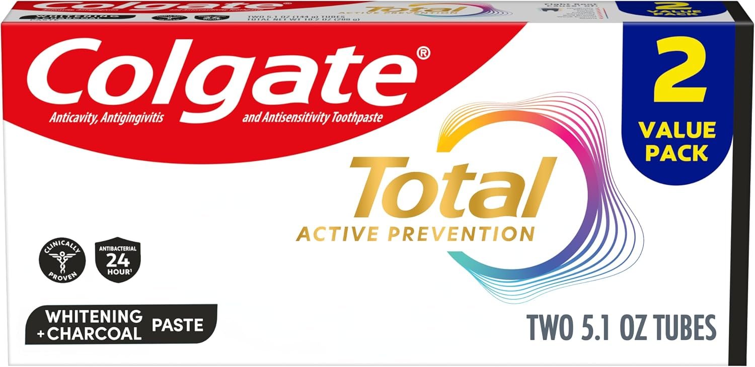 Colgate Total Whitening and Charcoal Toothpaste, 2 Pack, 5.1 oz | Whitening Anticavity Toothpastes with Charcoal and Fluoride, Clinically Proven to Help Fight Plaque Bacteria, Mint Flavor