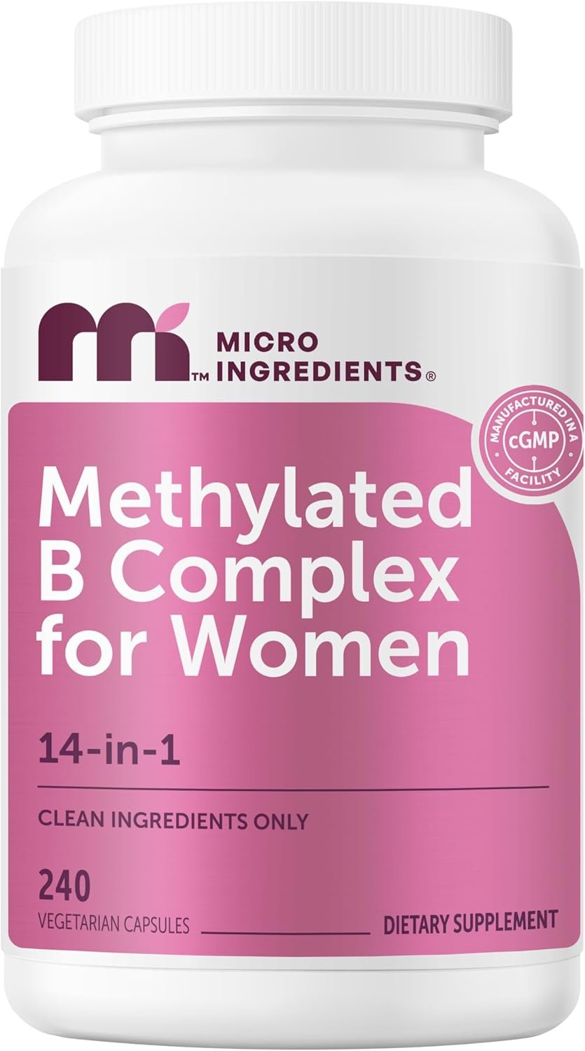 Micro Ingredients Methylated B Complex for Women, 240 Vegetarian Capsules | Activated B Vitamins with Methylfolate, Methyl B12, DIM & Inositol Complex | 14-in-1 Bioactive B Vitamin Formula