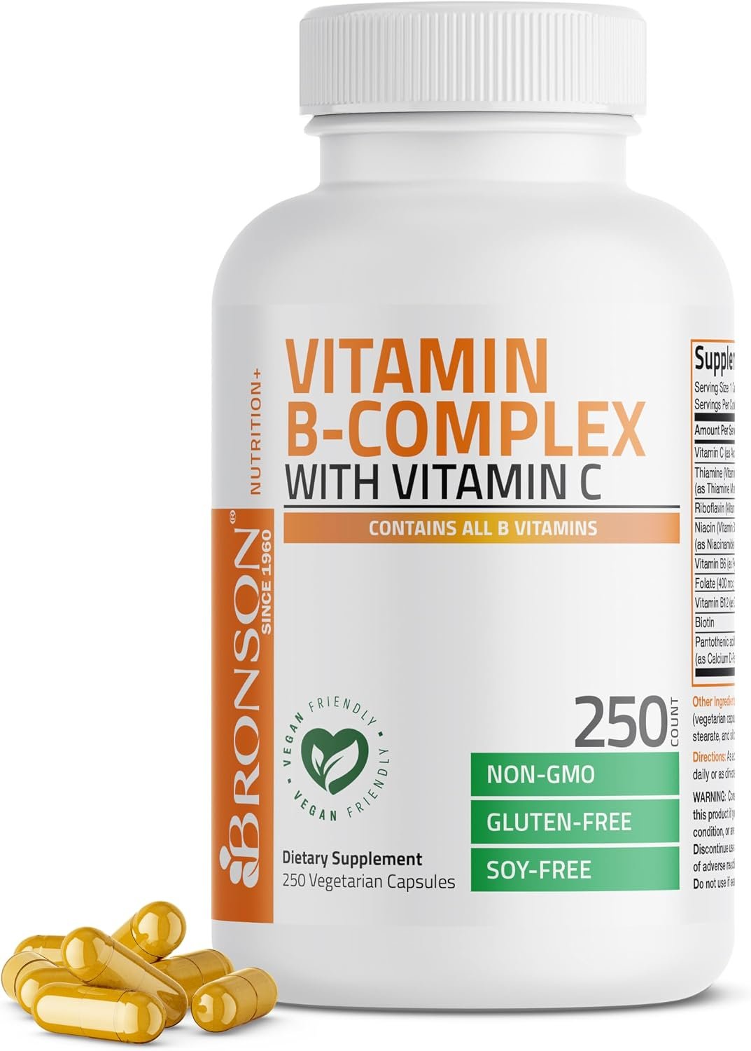 Bronson Vitamin B Complex with Vitamin C Vegetarian Capsules, 250 Count | Immune Health, Energy Support, Nervous System Support, Non-GMO, Soy-Free, Gluten-Free, Contains All B Vitamins