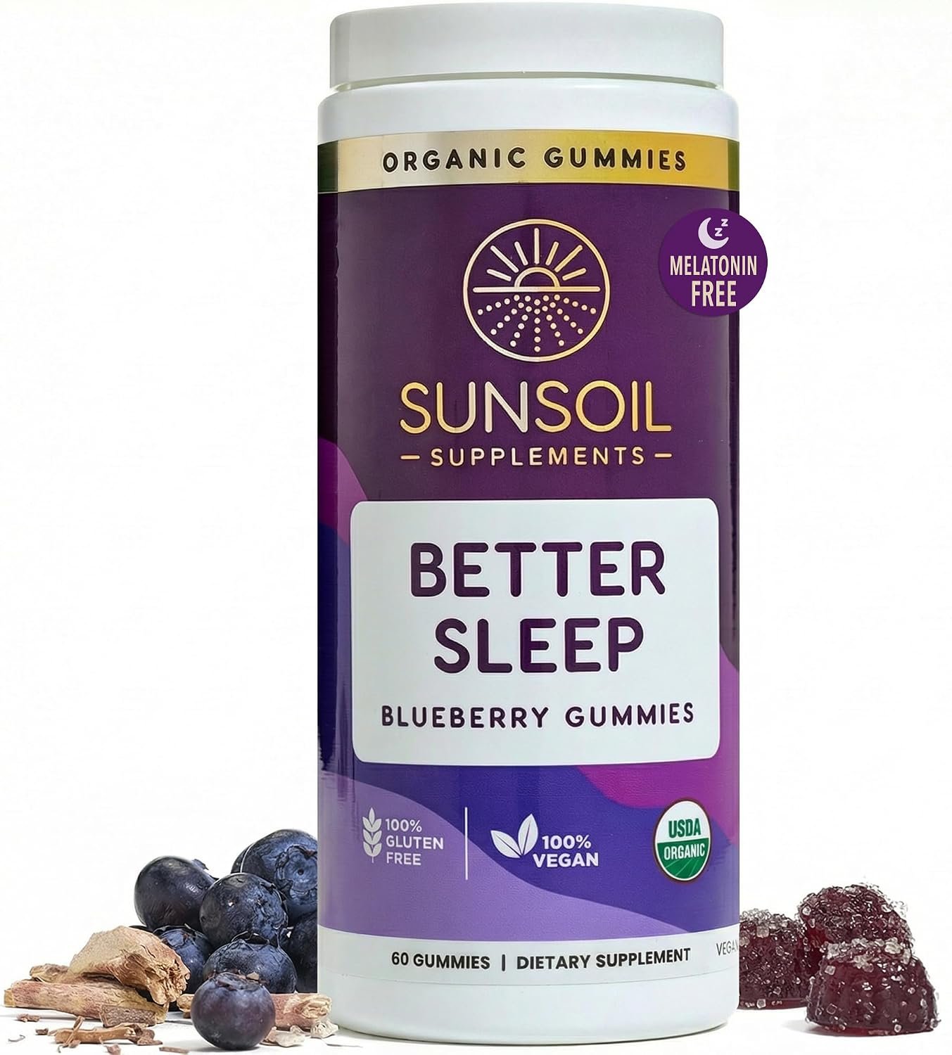 Sunsoil Better Sleep Organic Gummies, Ashwagandha, USDA Certified Organic, Vegan, Gluten-Free, Sleep Support, Plant Based