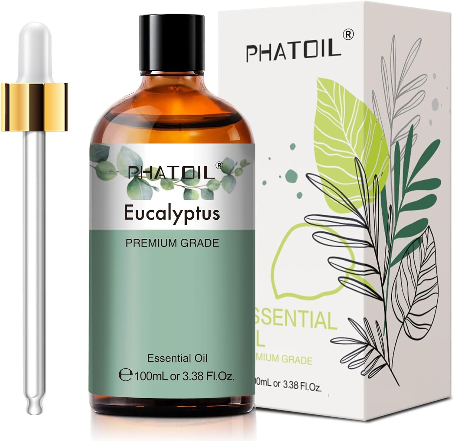 PHATOIL Pure Eucalyptus Essential Oil, 100% Pure Therapeutic Grade Premium Oil for Hair Care, Skin, Aromatherapy 3.38Fl Oz | Pure Eucalyptus Oil for Humidifier, Air Freshening, Skin, Yoga, Long Lasting Essential Oils for DIY Scent Project 100ML