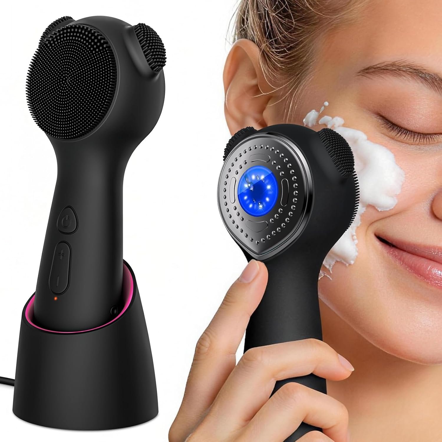 Electric Face Scrubber Exfoliator, Rechargeable Silicone Facial Cleansing Brush with Heat Massage Tip, Vibrating Face Scrubber for Deep Cleaning, Waterproof Face Brush for Men and Women (Deep Black)