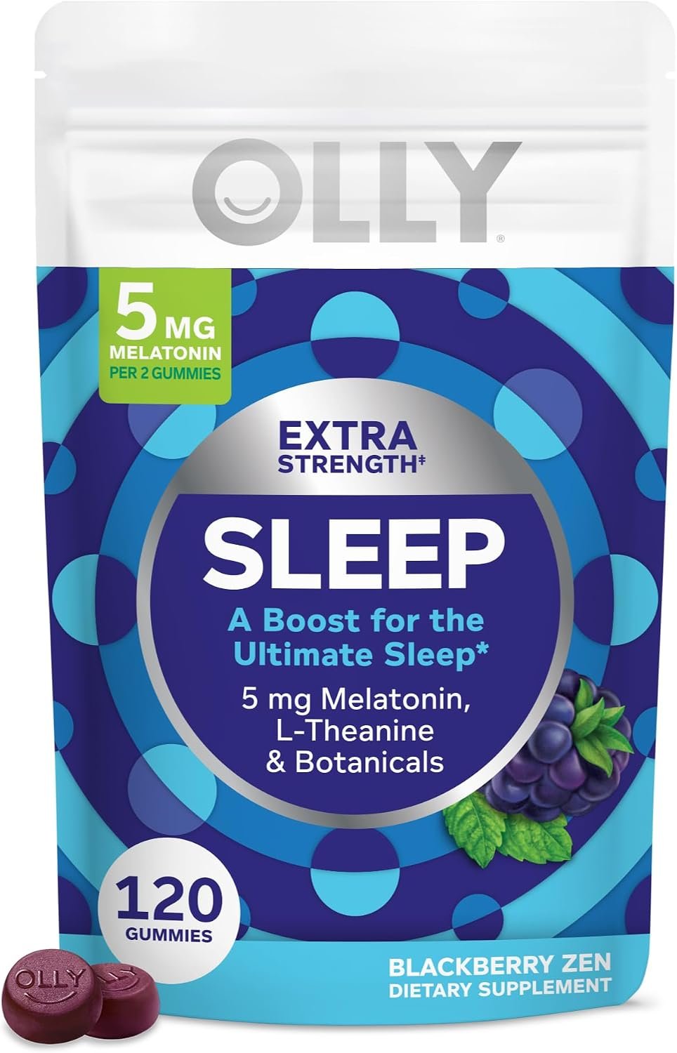 OLLY Extra Strength Sleep Gummies for Adults, 5 mg Melatonin Sleep Support Supplement* L-Theanine & Botanical Extracts, Restful Sleep Support*, BlackBerry Zen Flavor, Gluten Free, 120 Count