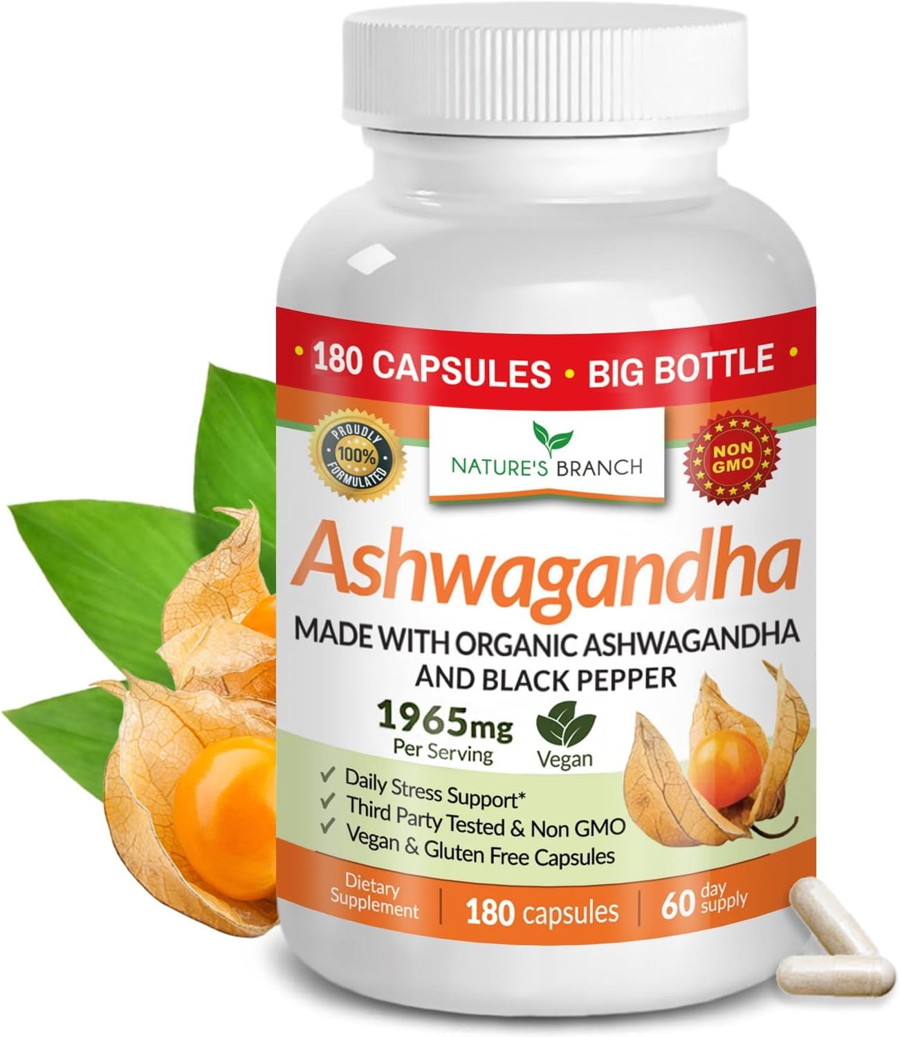 UDAF Certified Organic Ashwagandha with Black Pepper, 1965mg – Extra Strength for Stress, Sleep, Mood, Thyroid, Energy, Hair, Vegan Pure Root Extract Powder Supplement for Men and Women | 180 Capsules