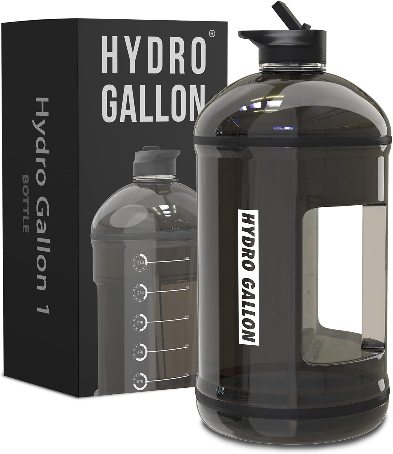 Hydro Gallon® 1 Bottle – 1 Gallon Water Bottle Jug with Straw Lid, Spout Chug Lid, Handle, Motivational Time Marker. Daily Intake All Day Leakproof BPA free Large Big Bottle. 128oz (Black)