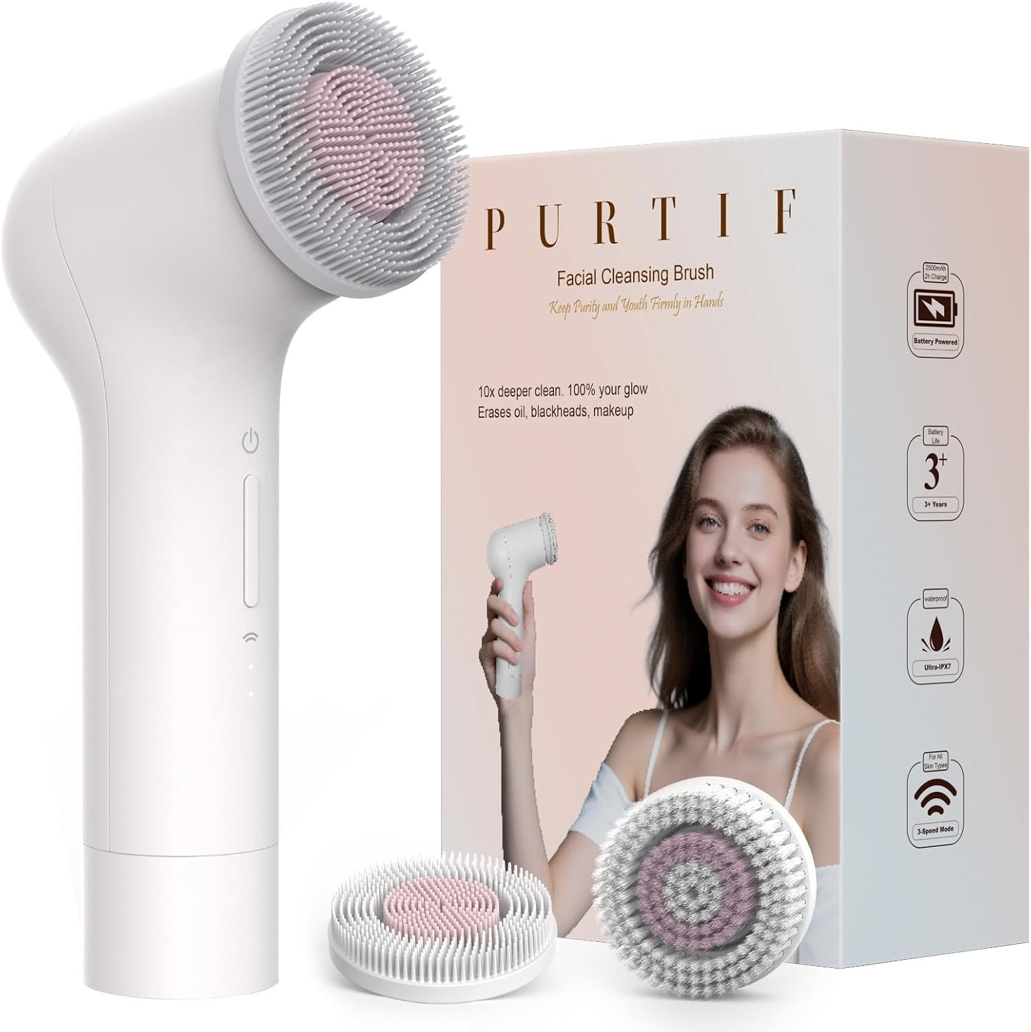 Electric Facial Cleansing Brush – Rechargeable Silicone Face Scrubber exfoliator, Face wash Machine, Pore Cleansing Brush for Women and Men,3Speeds,Waterproof, Exfoliating & Massage, White