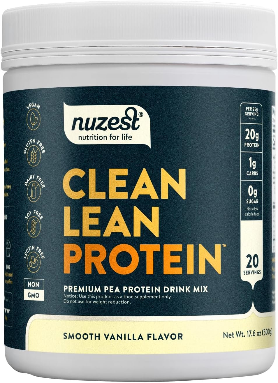 Nuzest Clean Lean Protein – Vegan Pea Protein Powder Smooth Vanilla 1.1 lb | 20 Servings with 20g Protein, Sugar & Dairy Free, GMO Free, Only 3 Ingredients, Plant Based, 9 Essential Amino Acids + BCAAs