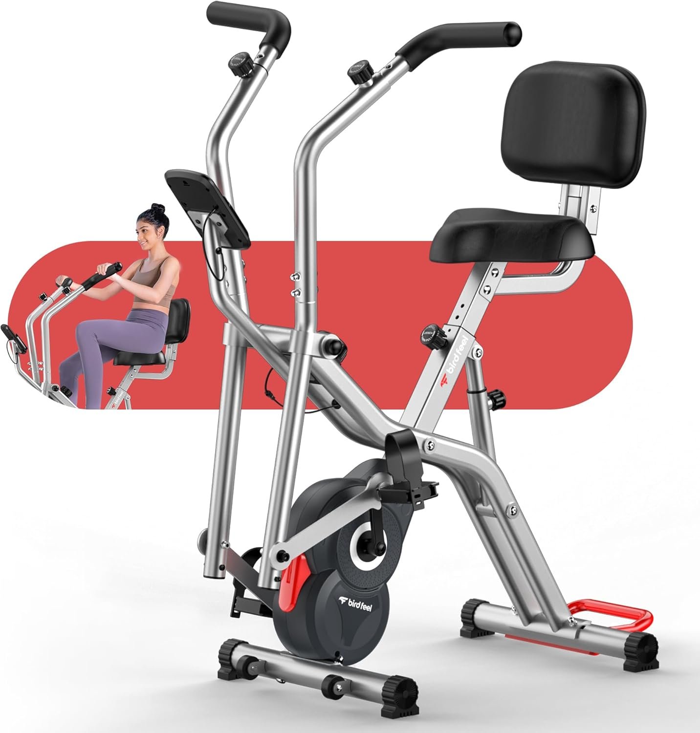 Foldable Elliptical Exercise Bike, 8-Level Magnetic Stationary Bike Home | Quiet Indoor Fitness Bike with Moving Arm Handles & Adjustable Seat, 300LBS Capacity for Cardio and Rehab Training