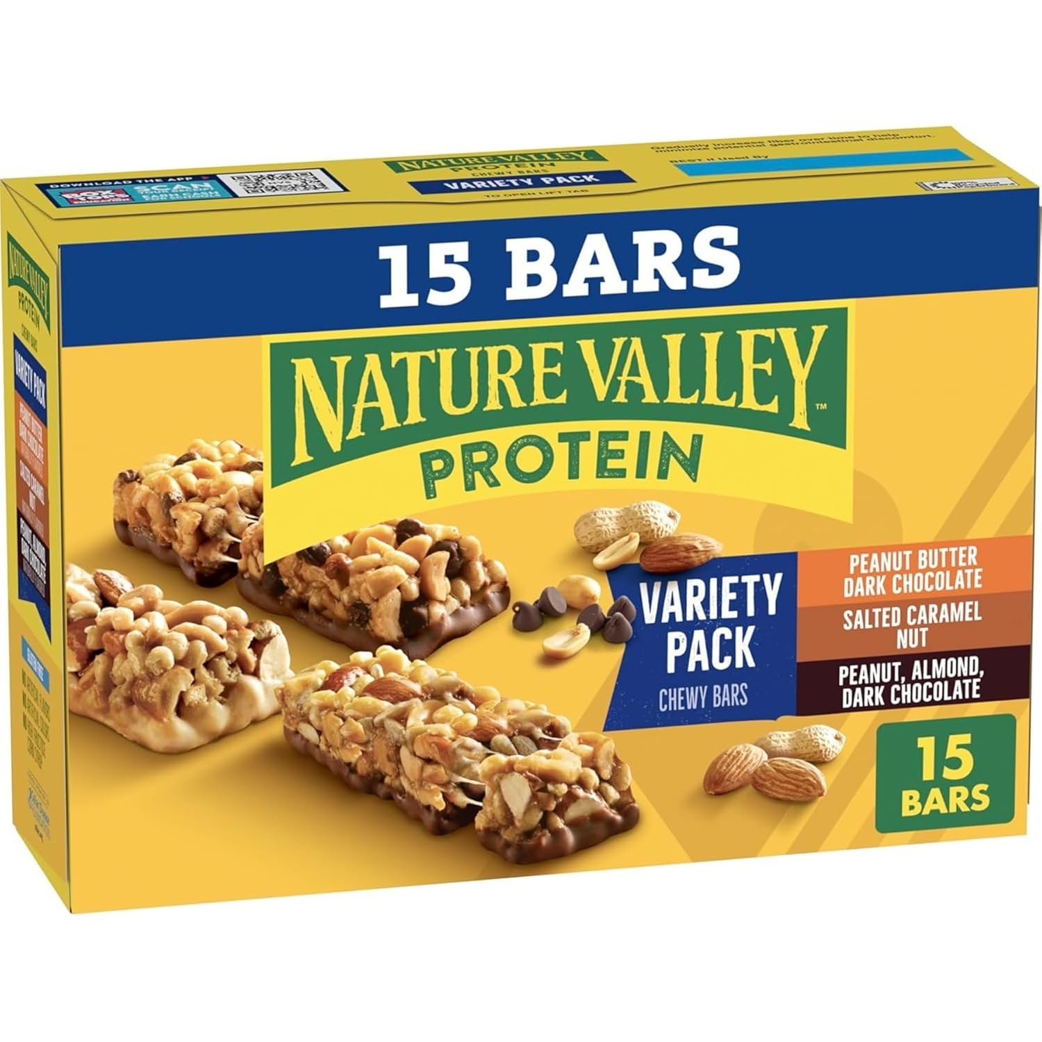 Nature Valley Variety Pack Protein Chewy Granola Bar, Gluten Free, 15 ct | Peanut Butter Dark Chocolate, Salted Caramel Nut & Peanut Almond Dark Chocolate, 10g Protein Each
