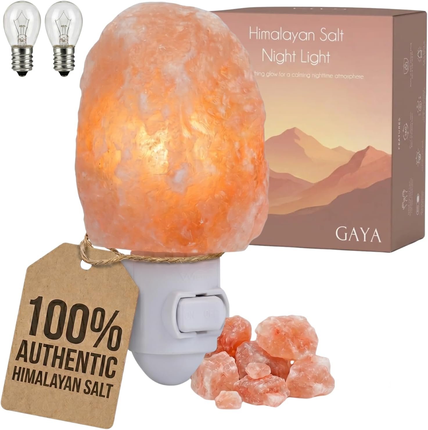 GAYA Himalayan Salt Lamp Night Light Plug in, Warm Amber Glow, 2 Bulbs | 360 rotating plug fits any outlet, natural pink salt rock crystal, UL listed, for nursery, hallway or bathroom, gift ready