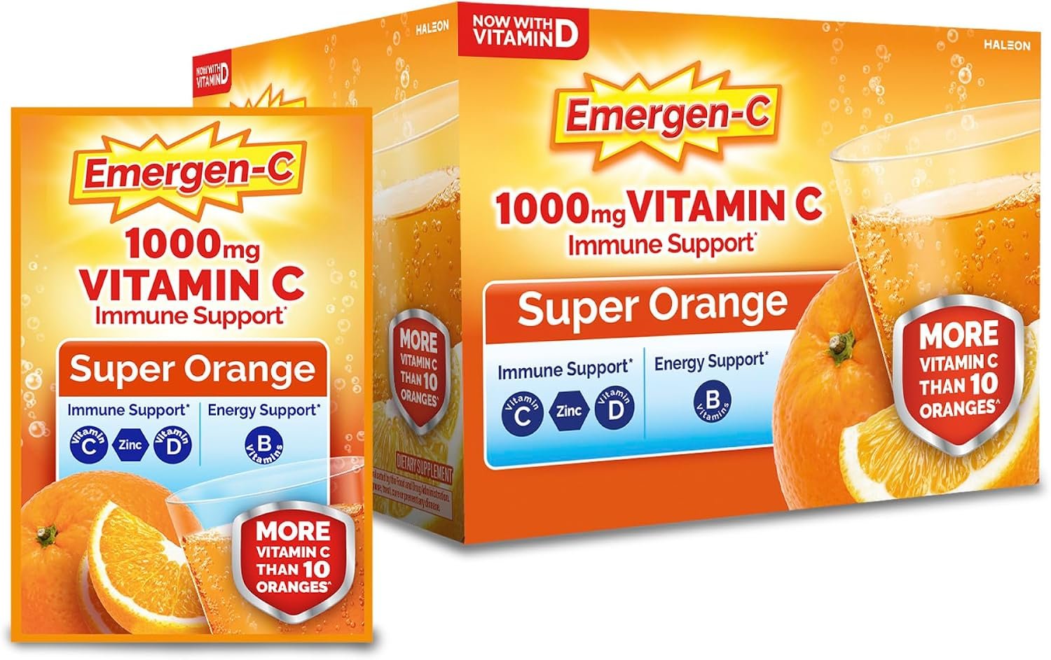 Emergen-C 1000mg Vitamin C Powder for Daily Immune Support Caffeine Free Vitamin C Supplements with Zinc and Manganese, B Vitamins and Electrolytes, Super Orange Flavor – 90 Count/3 Month Supply