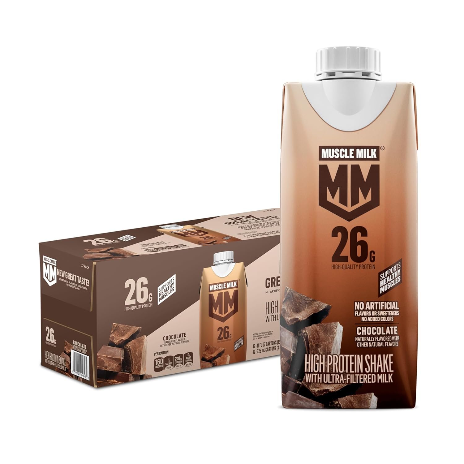 Muscle Milk High Protein Shake, Chocolate, 11 fl oz Cartons (12 Pack) | Ultra Filtered Milk, 26g Protein, 3g Sugar, 160 Calories, No Artificial Flavors, No Artificial Sweeteners, No Added Colors