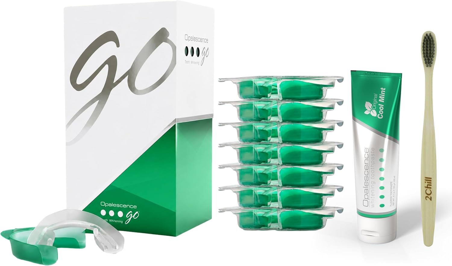 Opalescence GO 15 Teeth Whitening Trays Bundle 15% Hydrogen Peroxide 6238-T | Gel Prefilled Trays – Includes Original Toothpaste Travel Size 1 Oz & 2Chill Toothbrush. Mint – by Ultradent (7 Treatments)