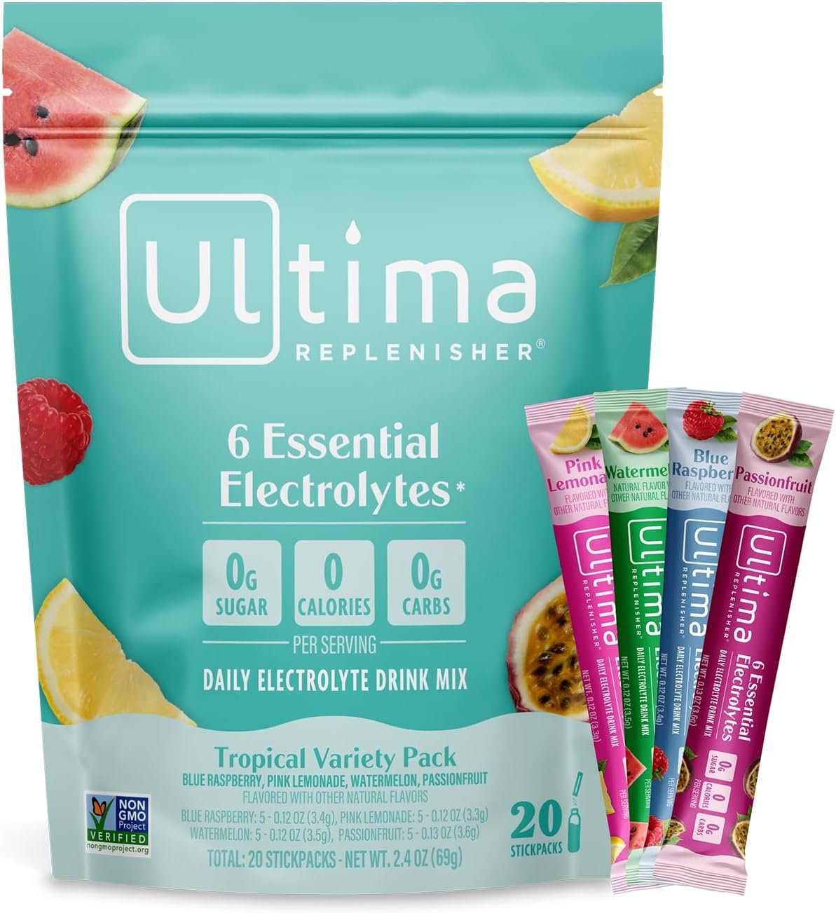 Ultima Replenisher Tropical Variety Electrolyte Packets, 20 Stickpacks | Daily Zero Sugar Powder Hydration Packets with 6 Key Electrolytes & Minerals – Sugar Free, Plant Based & Keto Friendly