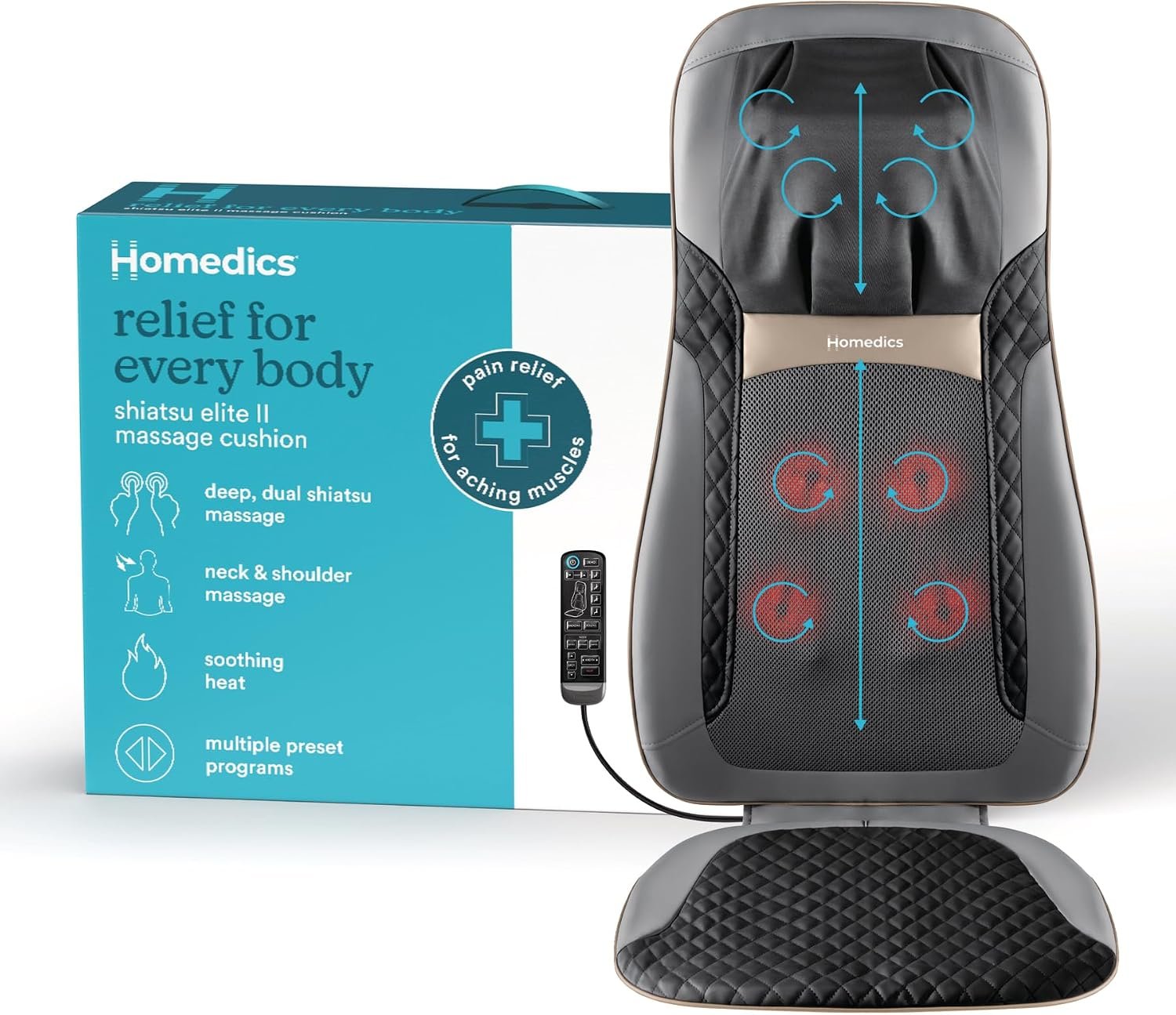 Homedics Back Massager with Heat, Shiatsu Neck and Back Massage Cushion | Shiatsu Elite II Heated Neck, 3 Different Massage Styles, Comes with Controller and Chair Straps, Back Massager with Heat