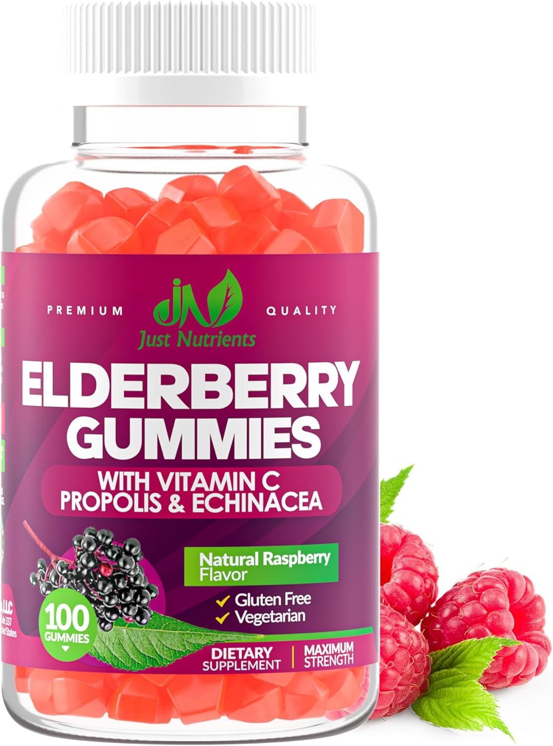 Elderberry 200mg Gummies with Vitamin C, Echinacea, Propolis (100 count) | Immune Support for Adults & Kids – Maximum Strength, Great Tasting Raspberry Flavor – Gluten-Free, Vegan